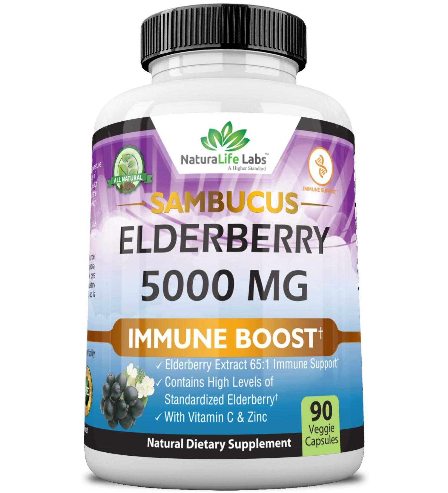 Sambucus Elderberry 5000mg Super Concentrated with Vitamin C & Zinc - Immune Support Supplement | 90 Veggie Capsules - Buy Online on GoSupps.com