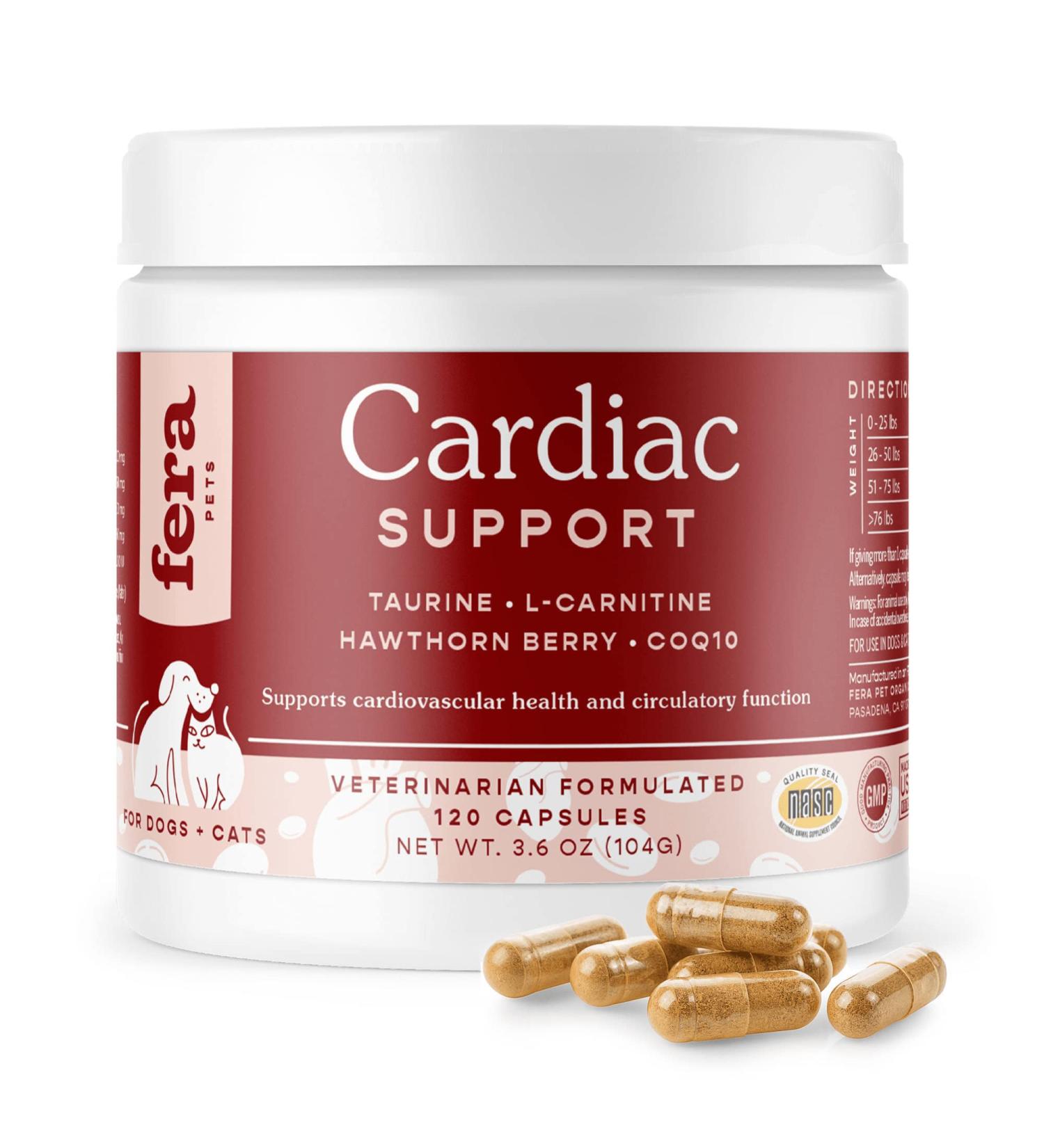 FERA Cardiac Support Supplement | Dogs Cats | Taurine, L-Carnitine, CoQ10, Hawthorn, Vitamin E | Promotes Heart Health & Circulation | 120 Capsules - Buy Online on GoSupps.com