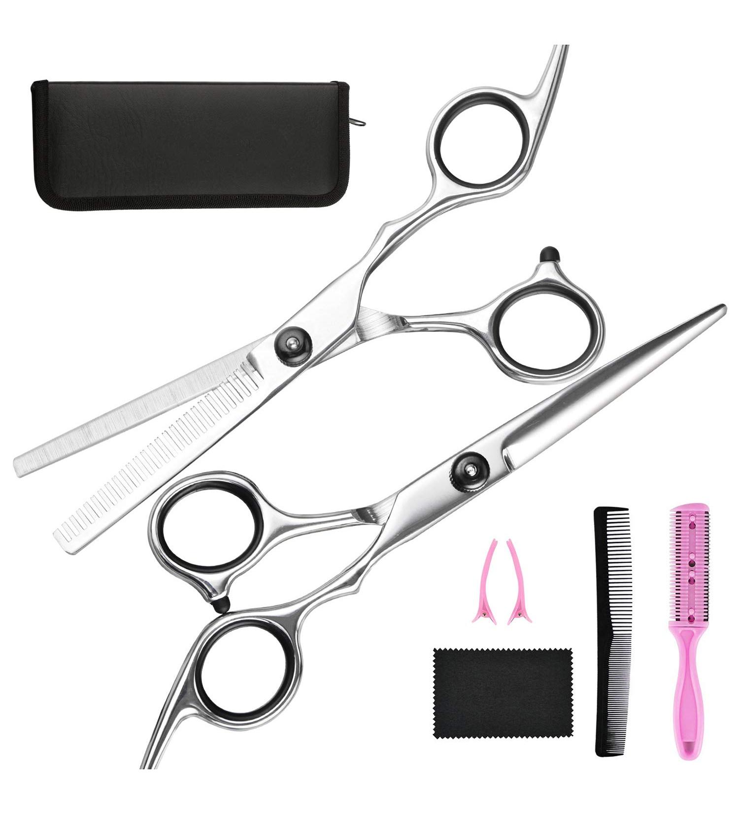 Fcysy Professional Hair Cutting Scissors Thinning Shears Kit - 7 Pcs Black | Barber Sharp Hairdressing Shears with Haircut Accessories in Leather Case for Women, Men, and Pets - Buy Online on GoSupps.com