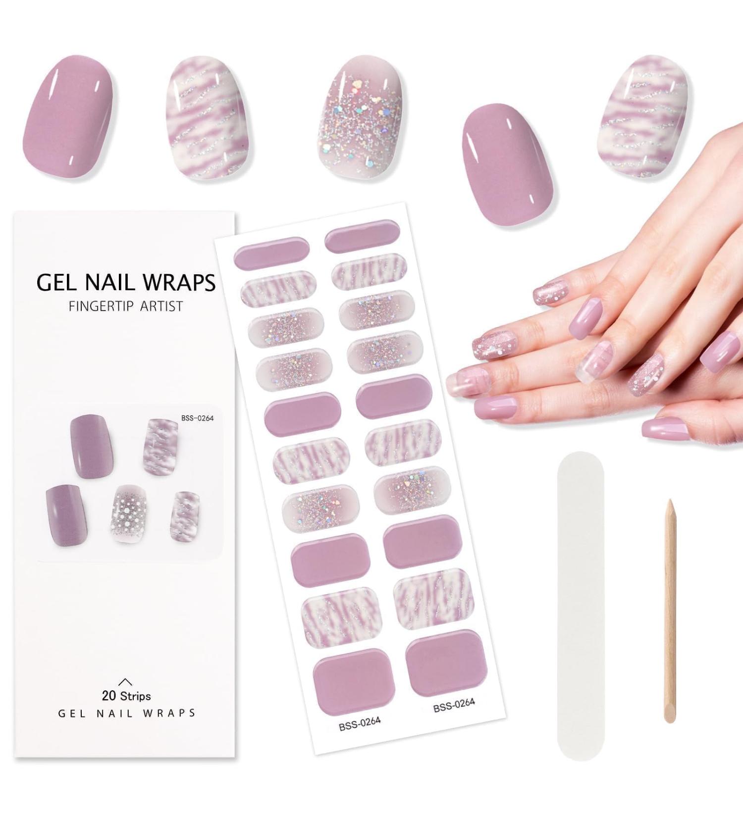 TOROKOM Semi Cured Gel Nail Strips - 20PCS Self-Adhesive Full Nail Wraps in Purple Aura | DIY Manicure Kit with Nail File & Wooden Stick - Buy Online on GoSupps.com