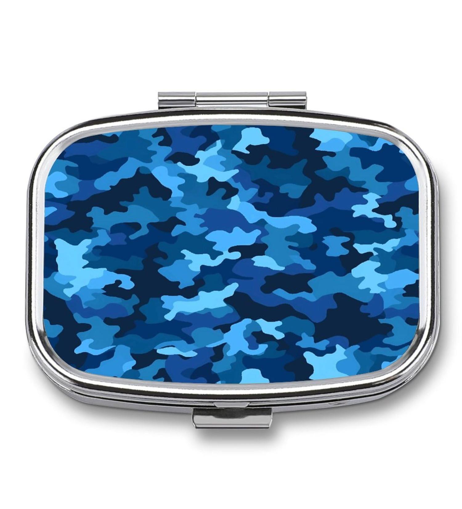Buy Blue Camo Print 2 Compartment Pill Box | Portable Decorative Metal Pill Organizer for Pocket & Purse - International Shipping Available - Buy Online on GoSupps.com