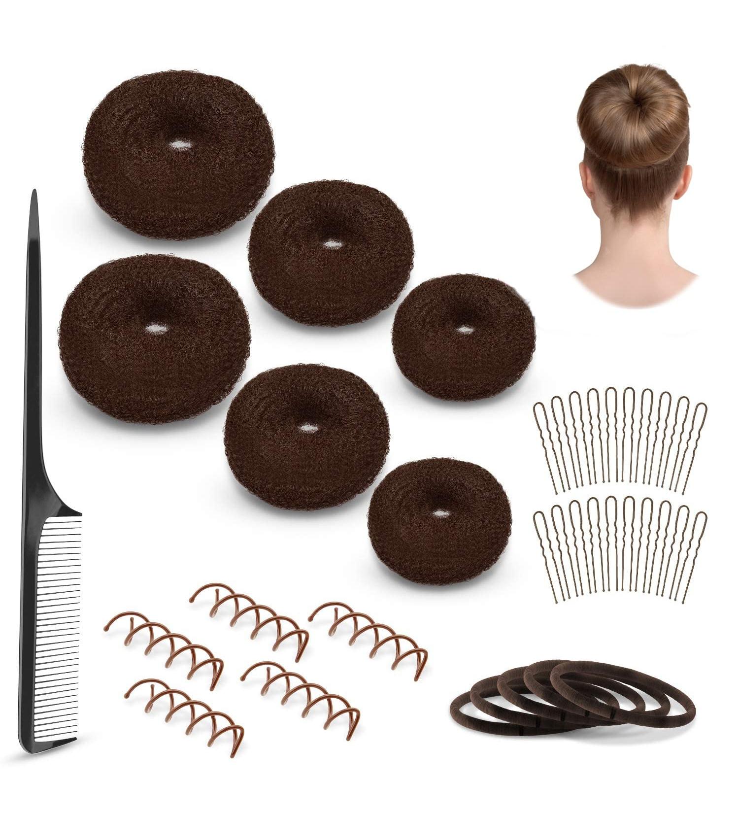 Andlane Donut Hair Bun Maker Set - 6 Sock Bun Makers, Spin Pins, Elastic Bands, Bobby Pins & Hair Comb Kit - Buy Online on GoSupps.com