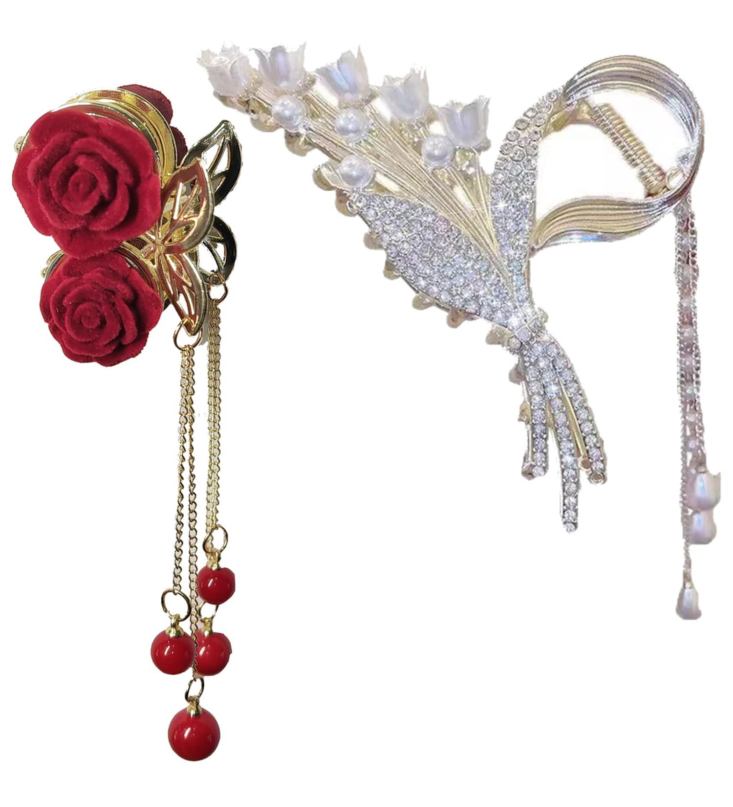 2Pcs Pearl Tassel Hair Clips for High Ponytail - Flower Rhinestone Gold Fashion Hair Accessories - Buy Online on GoSupps.com