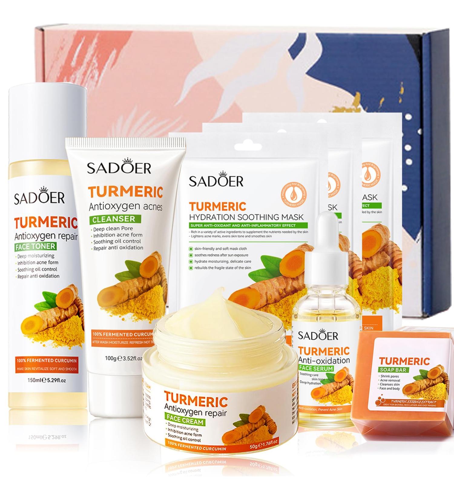 Turmeric Skincare Set For Anti-Aging Glowing Skin Include Face Wash- Turmeric Oil Serum-Toner-Face Cream-Handmade Soap-3*Sheet Mask For Dark Spot Corrector Remover Anti Aging Firming(Set) - Buy Online on GoSupps.com