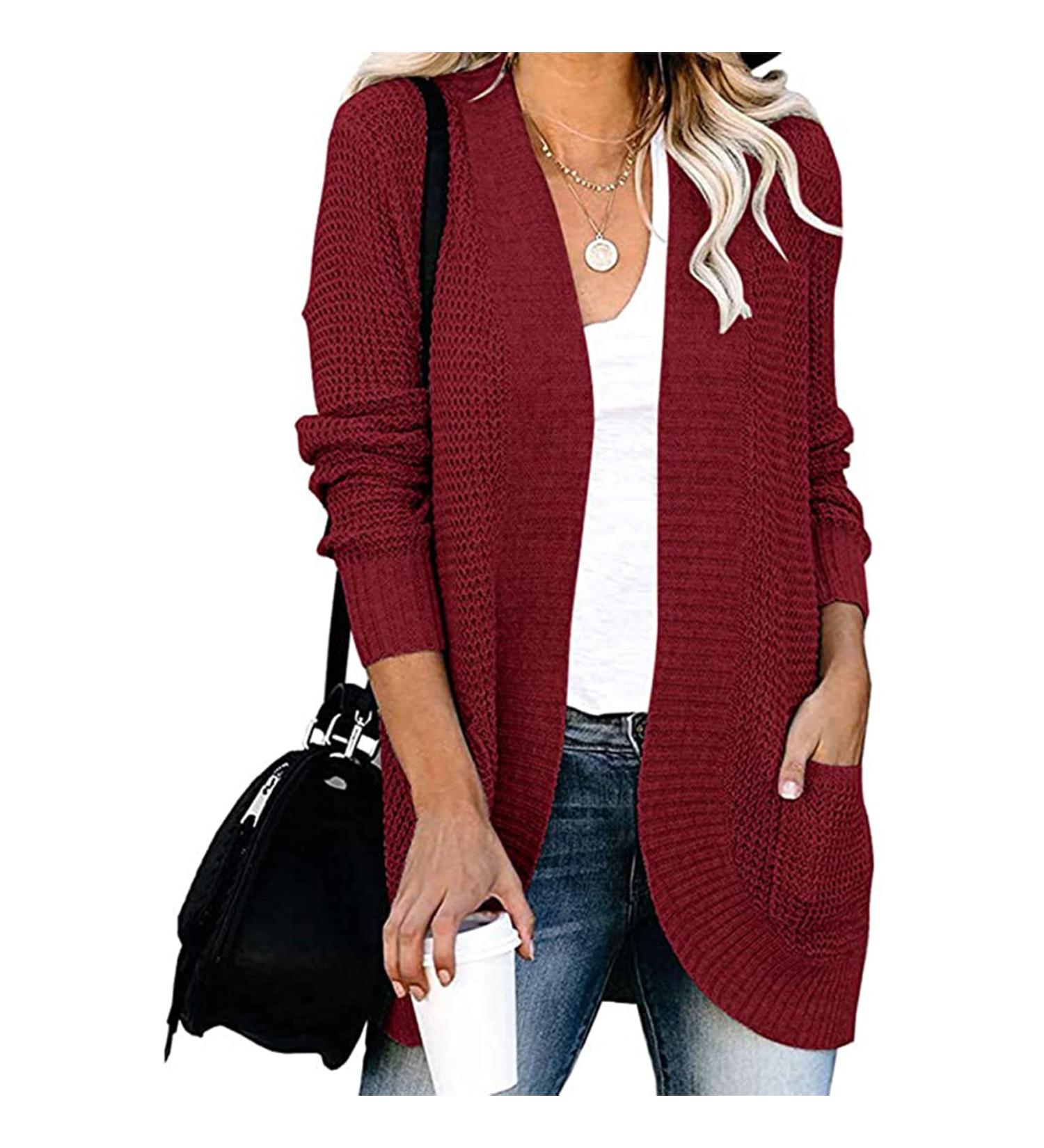 Autumn And Winter Women's Casual Fashion V-neck Solid Color Loose Long Sleeve Pockets Cardigan Cardigan Women L Red Wine