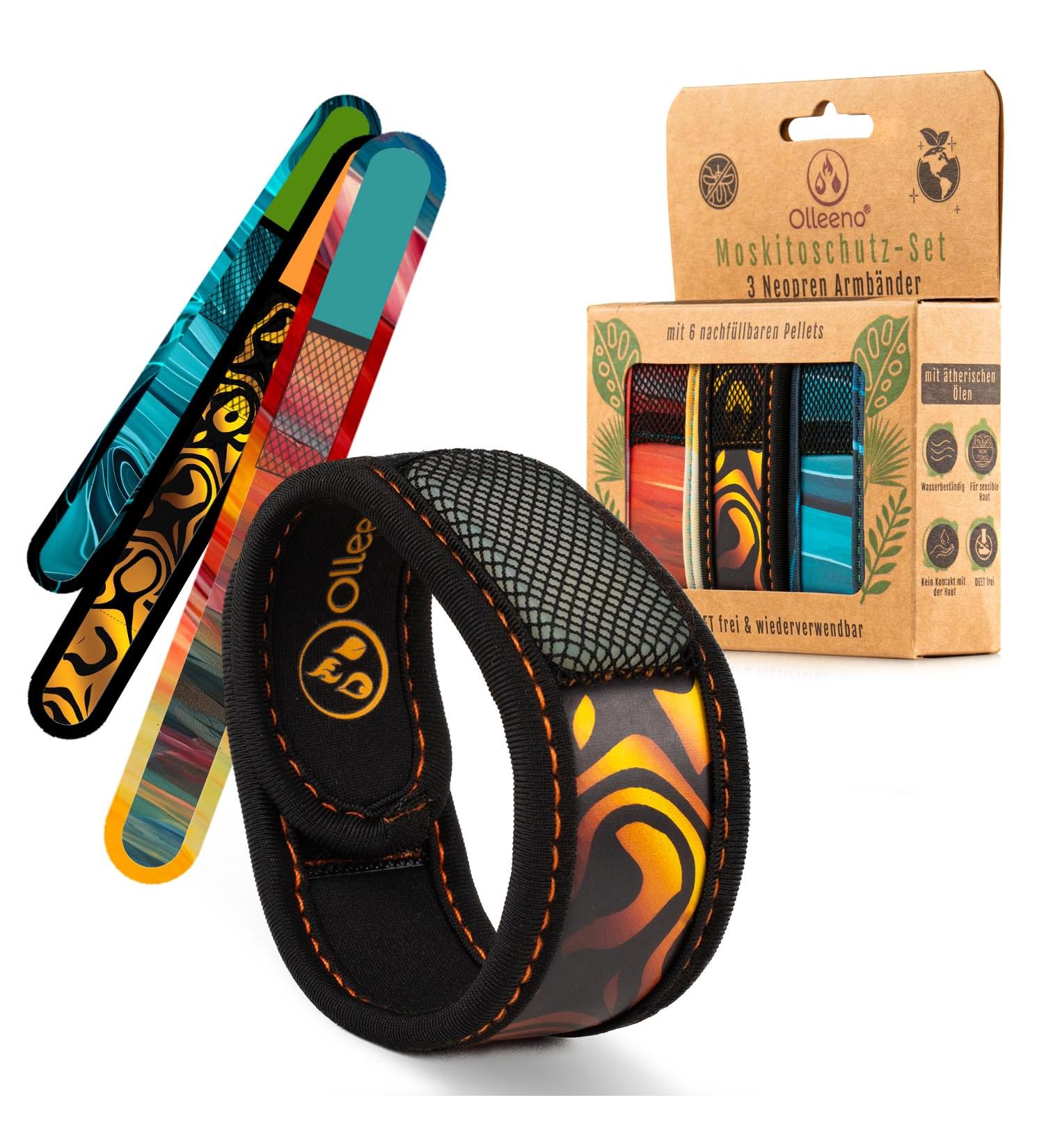 Olleno Mosquito Protection Bracelet - Insect Shield for Outdoor Camping Hiking & Sports | Adjustable Neoprene with Velcro | 3 Bracelets + 6 Refill Pellets - Buy Online on GoSupps.com