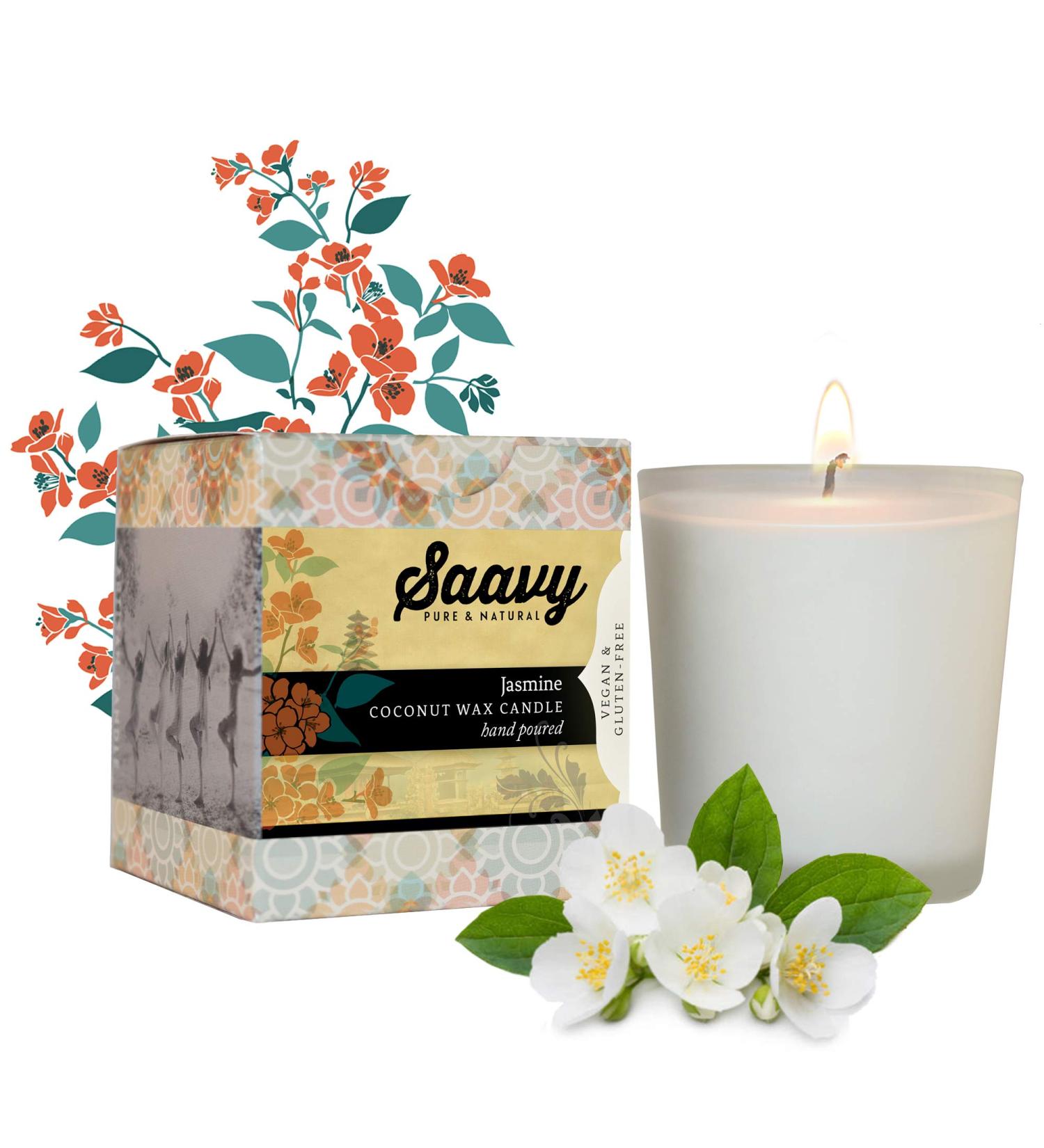 Coconut Oil Scented Candle | Organic Wax | All-Natural Long-Lasting Jasmine Scent | 37-Hour Clean Burn by Saavy Naturals - Buy Online on GoSupps.com
