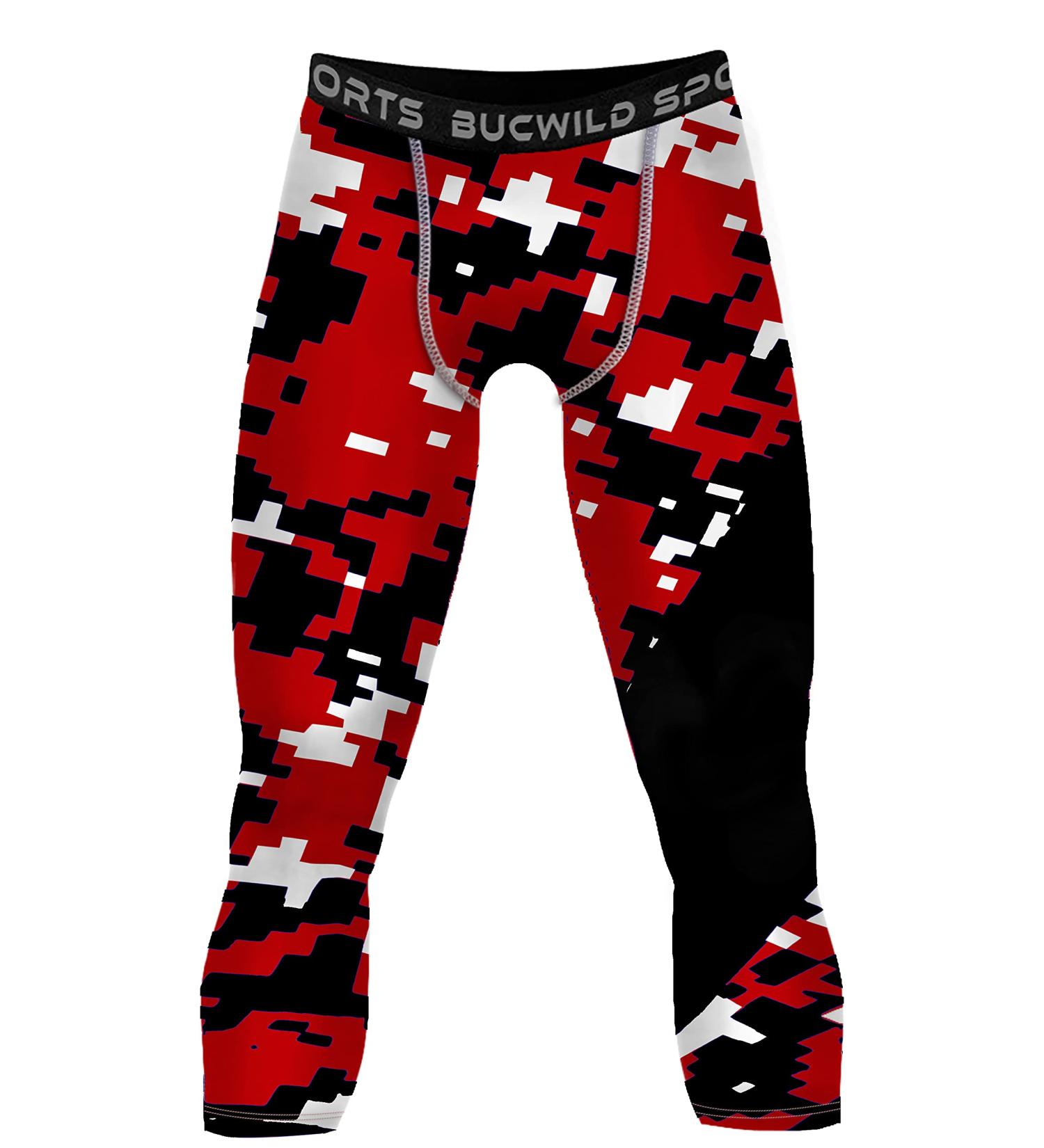 Bucwild Sports 3/4 Basketball Compression Pants Tights for Youth Boys & Men Red Camo Medium