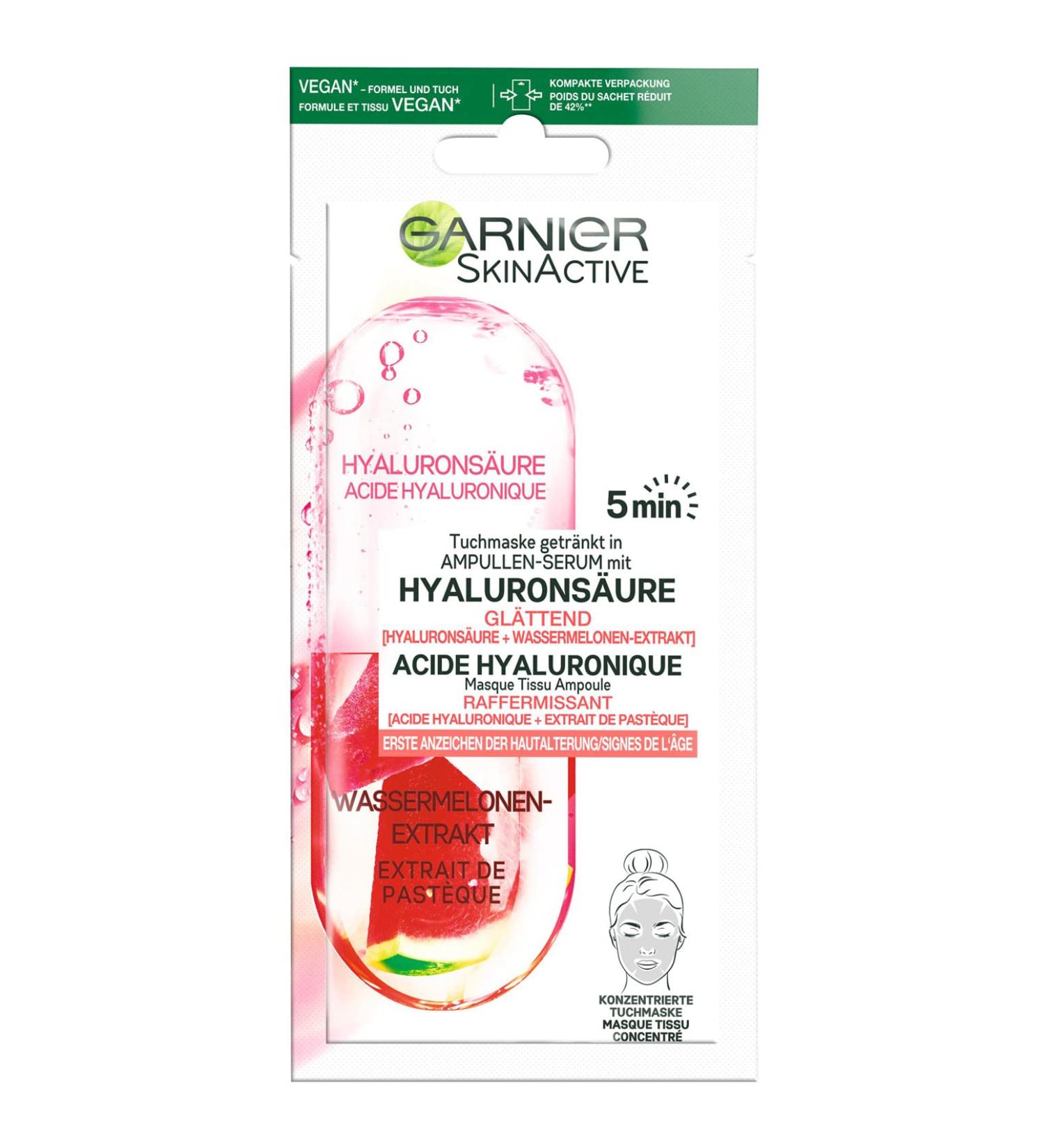 Garnier Vegan Cloth Face Mask - Anti-Aging Hyaluronic Acid & Watermelon Extract 15g - Smoothing Serum for Youthful Skin - Buy Online on GoSupps.com