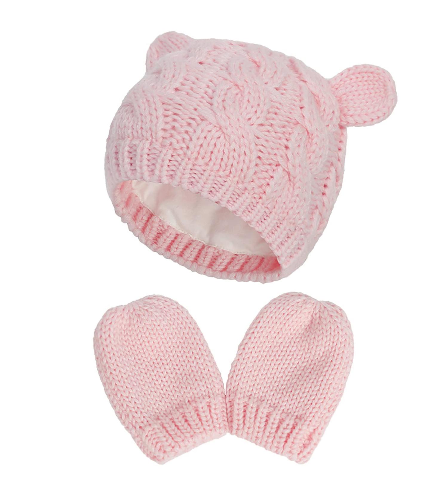 XYIYI Newborn Baby Winter Beanie Hat Mitten Set - Pink, 3-6 Months | Warm Knitted Hat Glove Set for Boys Girls - Buy Online on GoSupps.com