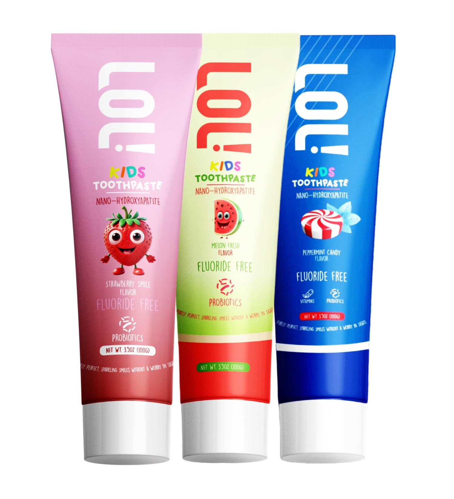 LOL Kids Toothpaste 3-Flavors Pack | Nano Hydroxyapatite Toothpaste Probiotics Vitamins A C E | Safe if Swallowed No SLS | 1 Peppermint 1 Strawberry & 1 Melon Flavor - Buy Online on GoSupps.com
