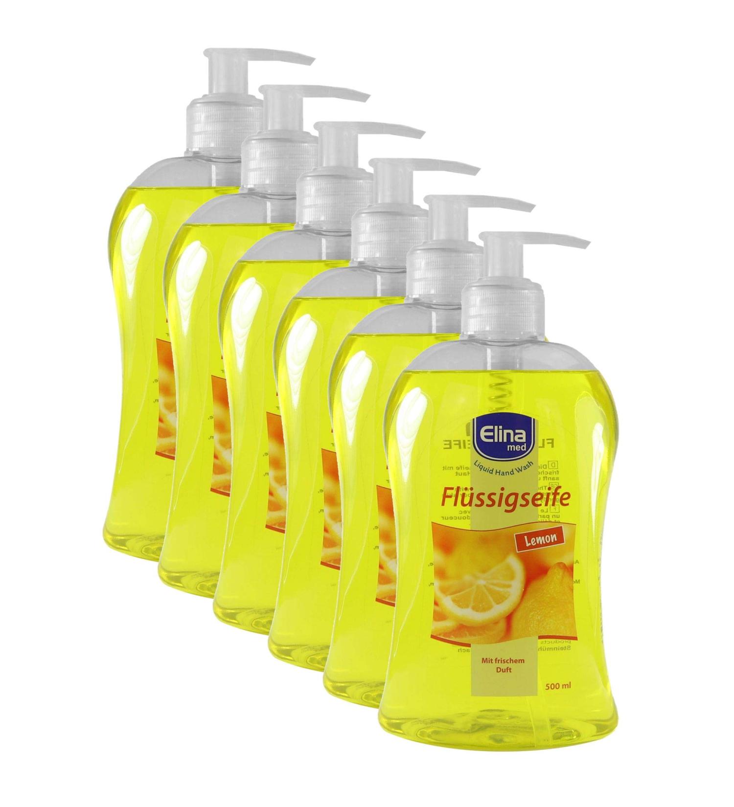 6 x Elina med - Soap/Liquid Soap - Lemon - With fresh scent (6 x 500 ml) 6 pieces (1 pack) Lemon