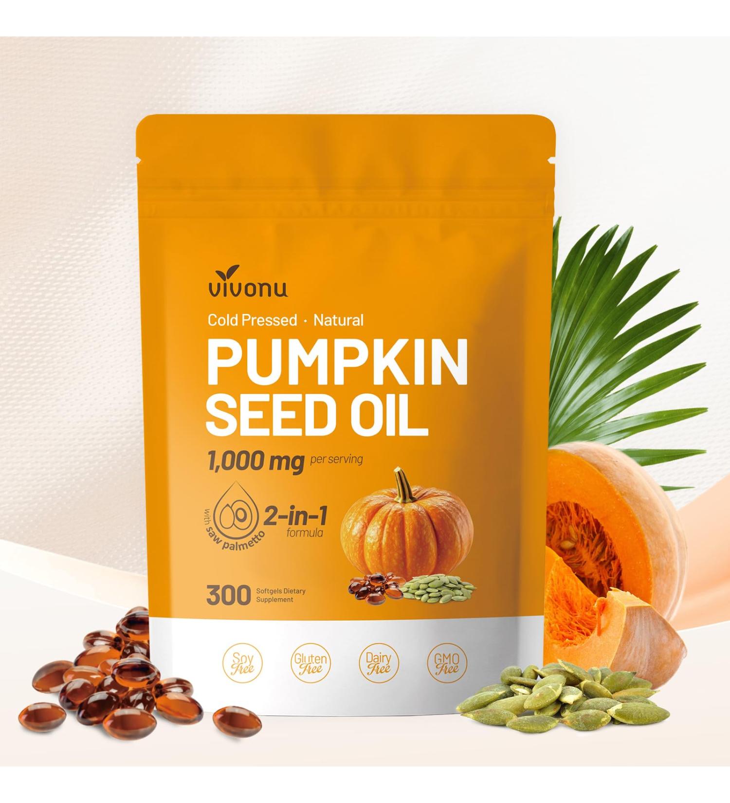 VivoNu Pumpkin Seed Oil with Saw Palmetto Capsules | Cold Pressed Pure Virgin Oil Essential Fatty Acids & Phytosterols | 300 SoftgelsSupports Hair Urinary Bladder & Prostate Health | Non-GMO - Buy Online on GoSupps.com