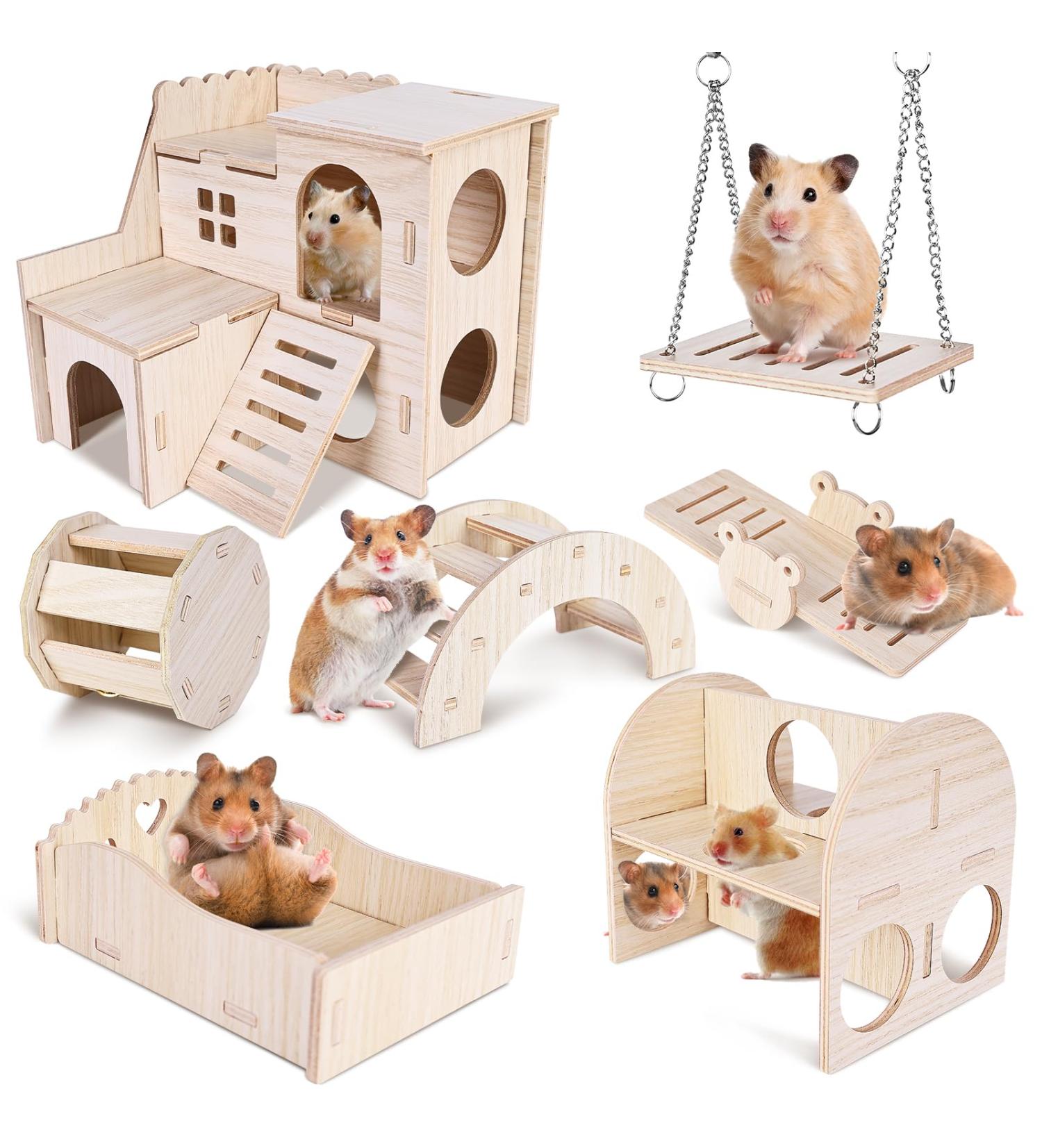 Byzesty Wooden Hamster House - 7 Piece DIY Toy & Accessories for Guinea Pigs Dwarf Hamsters Chinchillas | Fun Roller Bridge Rocker & Swing - Buy Online on GoSupps.com