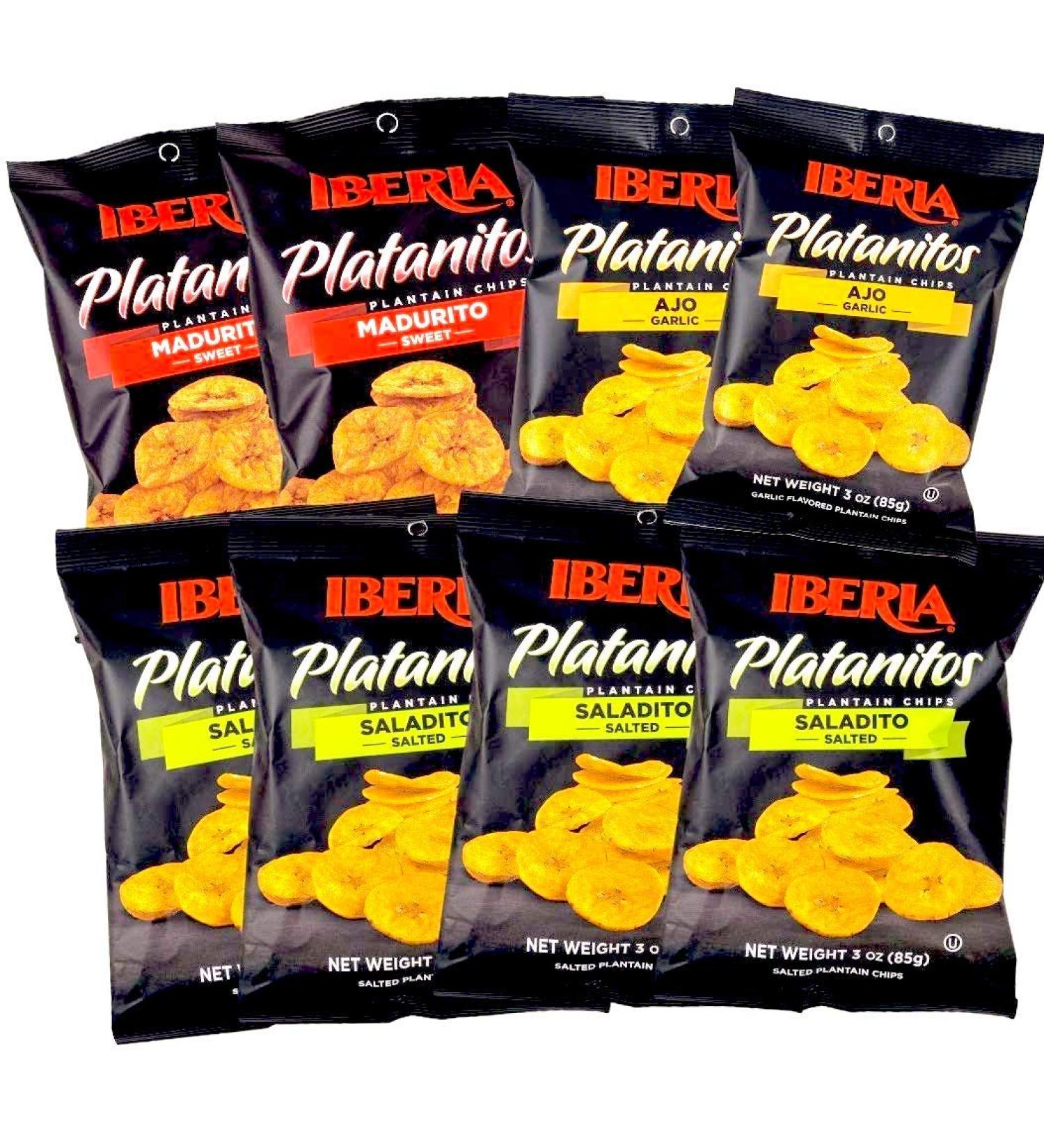 Iberia Plantain Chips Variety Pack of 8 - Salted, Sweet, and Garlic Flavors | 3 Ounce Bags - Buy Online on GoSupps.com