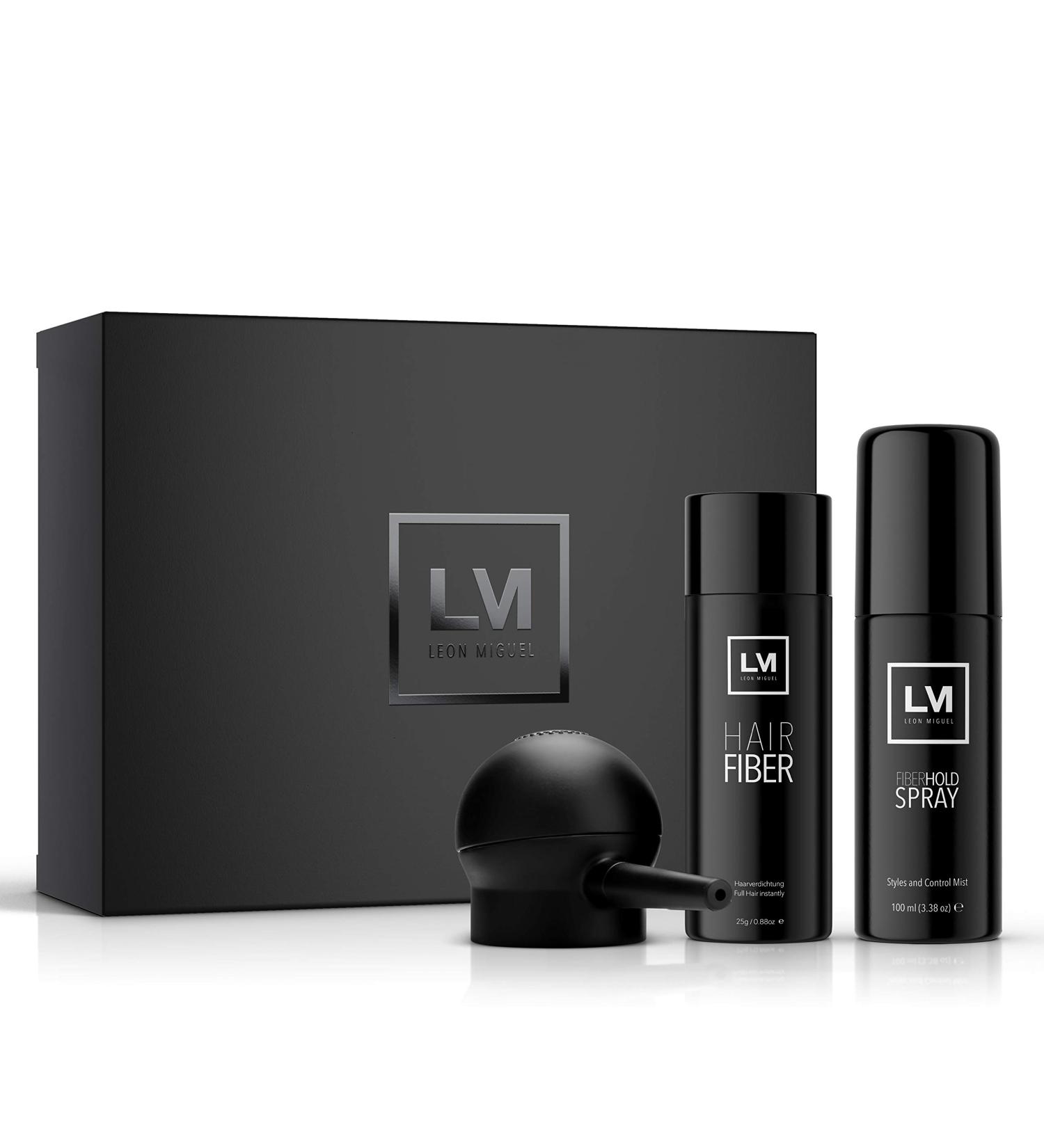 LEON MIGUEL All In One Box Hair Fiber Fibre Hold Spray + Applicator Premium Scattered Hair/Pouring Hair with Instant Effect for Secret Corners Hair Loss and Light Hair - Hair Powder (Grey) - Buy Online on GoSupps.com