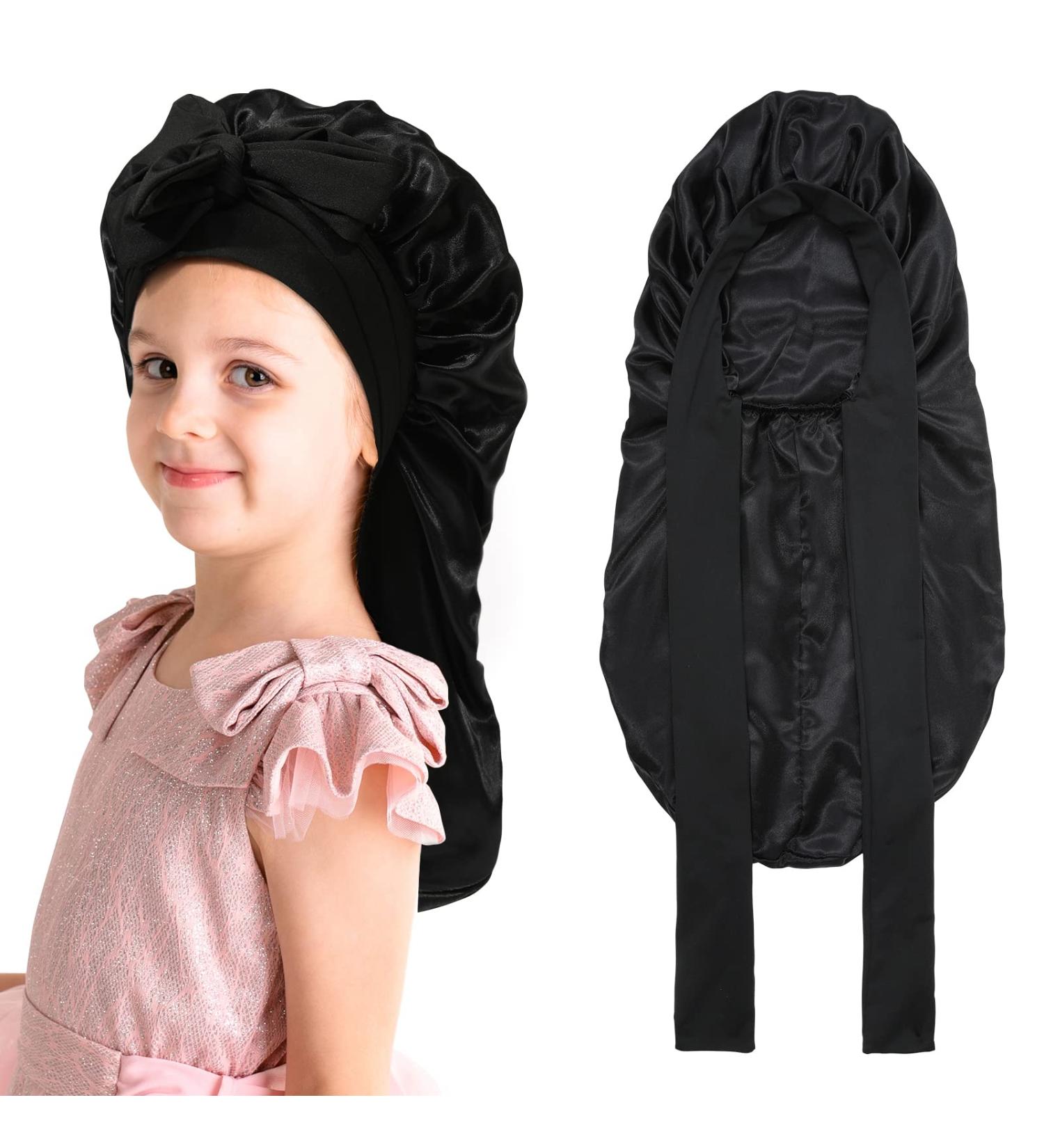 Kids Long Hair Bonnet for Sleeping - Double Layer Elastic Satin Girls Bonnet (Black) - Buy Online on GoSupps.com