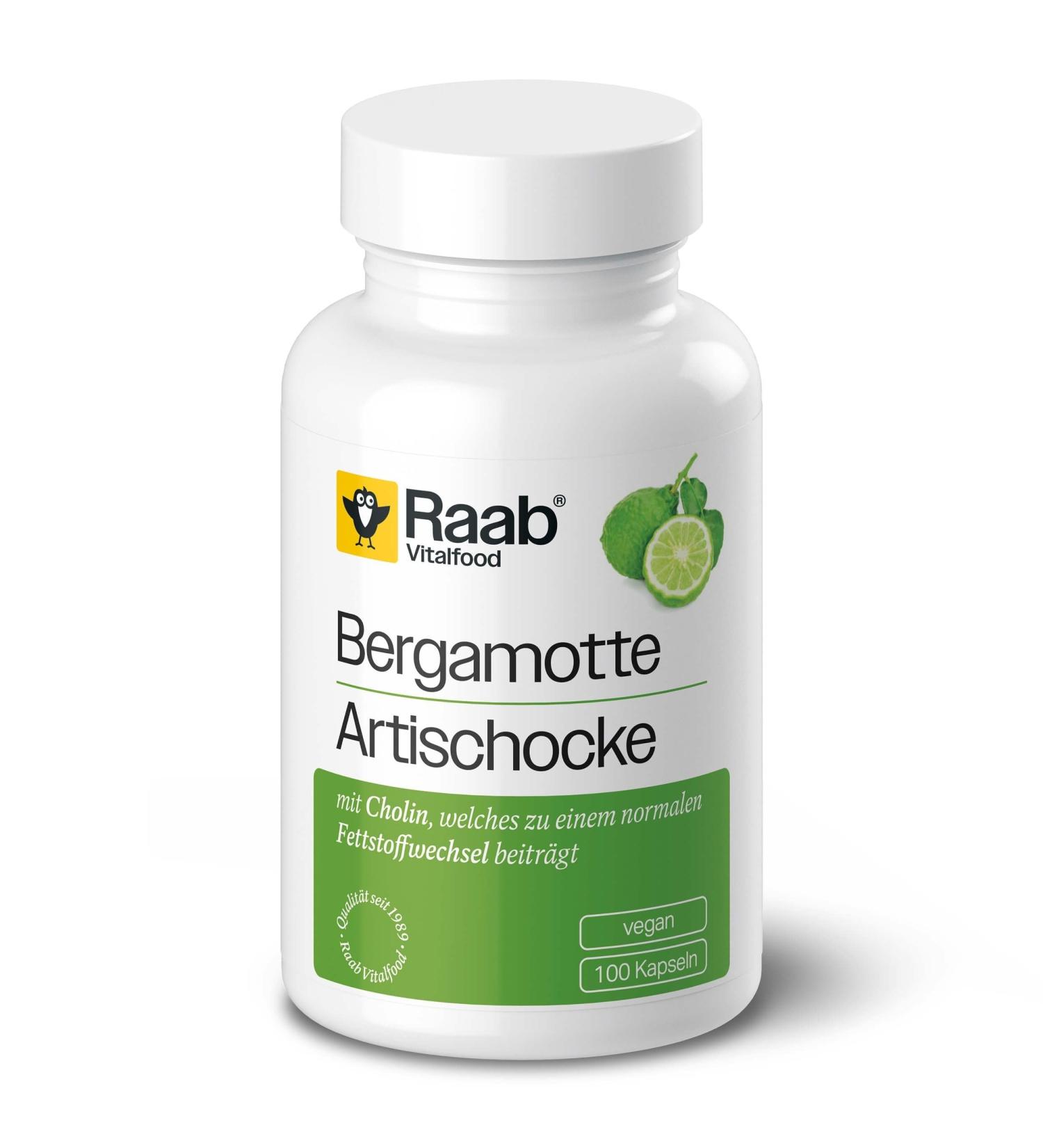 Raab Vitalfood Bergamot Artichoke Capsules 100 capsules of 430 mg each made from high-quality extract flavonoids cynarin choline vegan