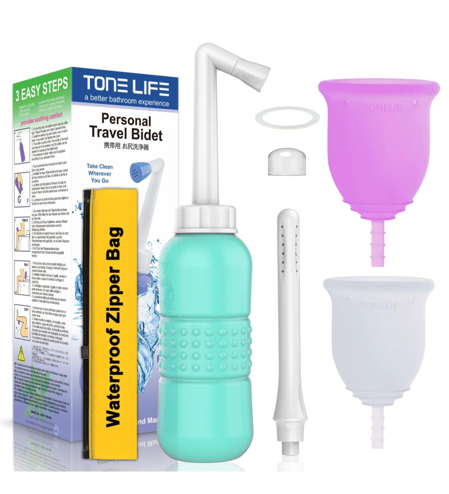 2pcs Menstrual Cup + 2IN1 450ml Perineal Douche & Bidet | Portable and Waterproof - Buy Online on GoSupps.com