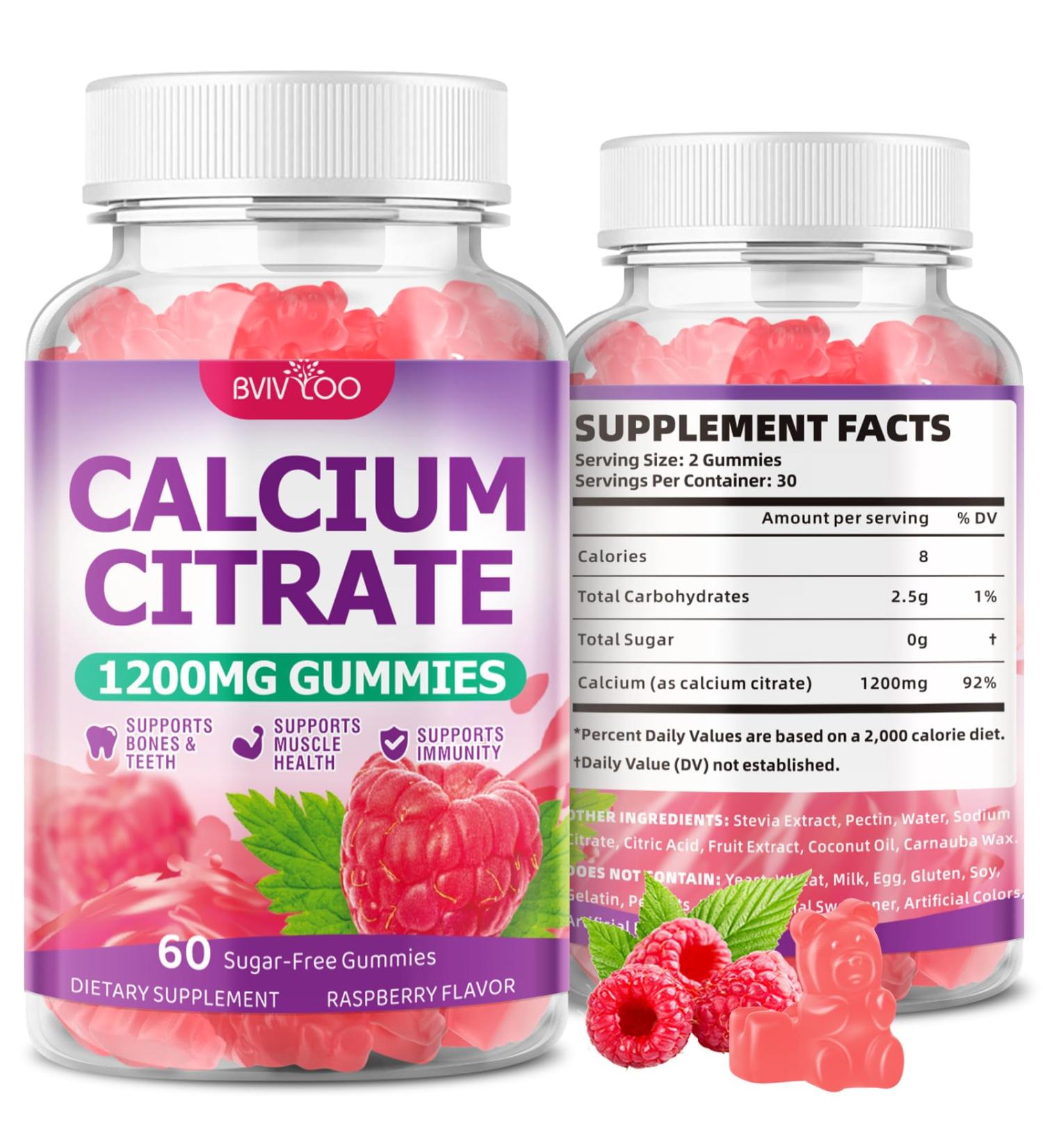 High Absorption Calcium Citrate Gummies 1200mg - Bone & Teeth Support for Adults & Kids Vegan Non-GMO Sugar-Free Gummies Raspberry Flavor 60 Count 1pack - Buy Online on GoSupps.com