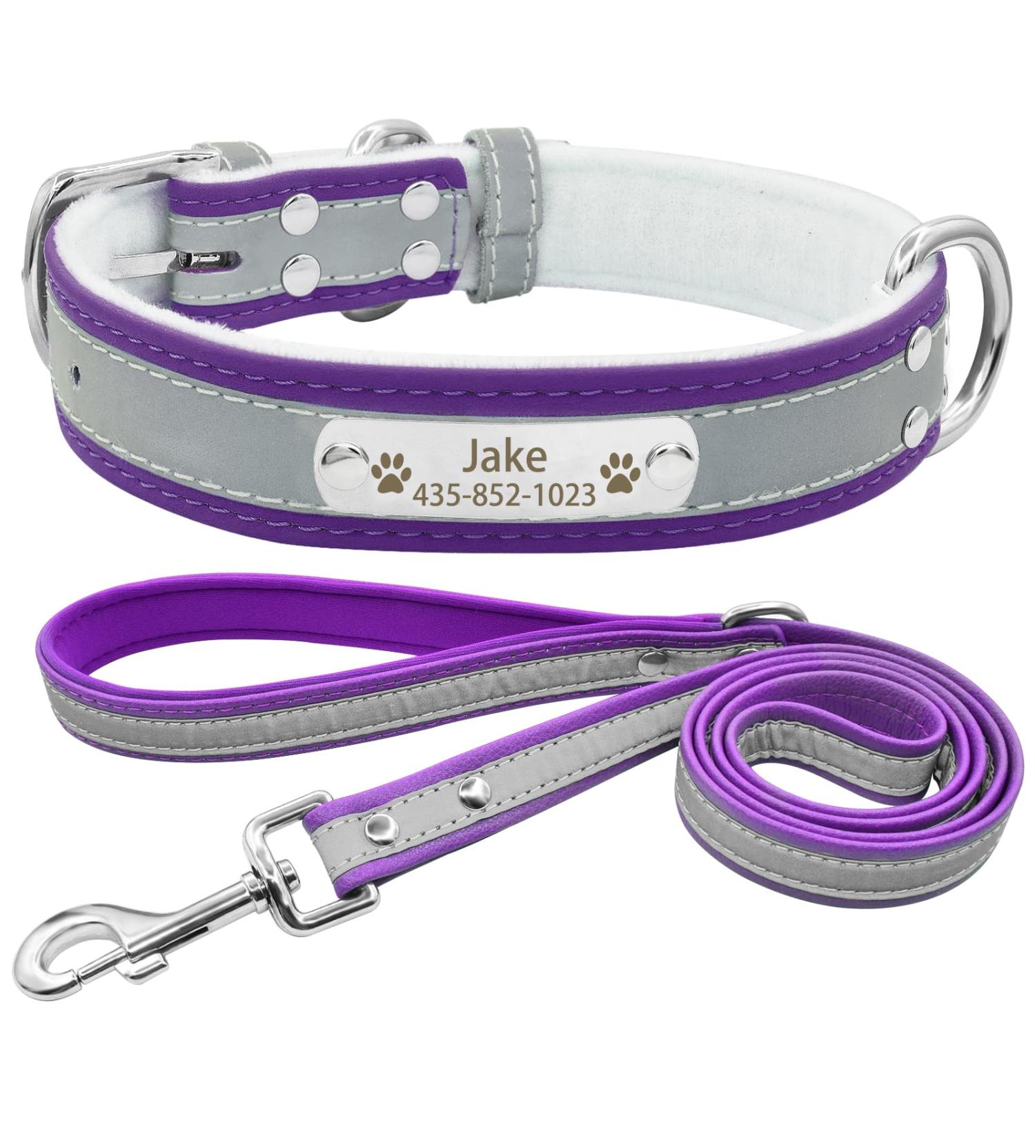 Senristar Personalized Reflective Dog Collar & Leash Set | Custom Engraved Name Tag for Small Medium Large Dogs & Cats - Violet 3.0 cm Width 45-55 cm Neck - Buy Online on GoSupps.com