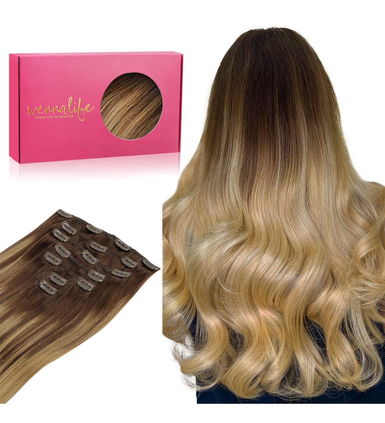 Buy WhenALIFE Real Hair Clip-in Extensions 35cm 14 120g - Balayage Chocolate Brown to Dirty Blonde - 7Pcs Remy Hair - Buy Online on GoSupps.com