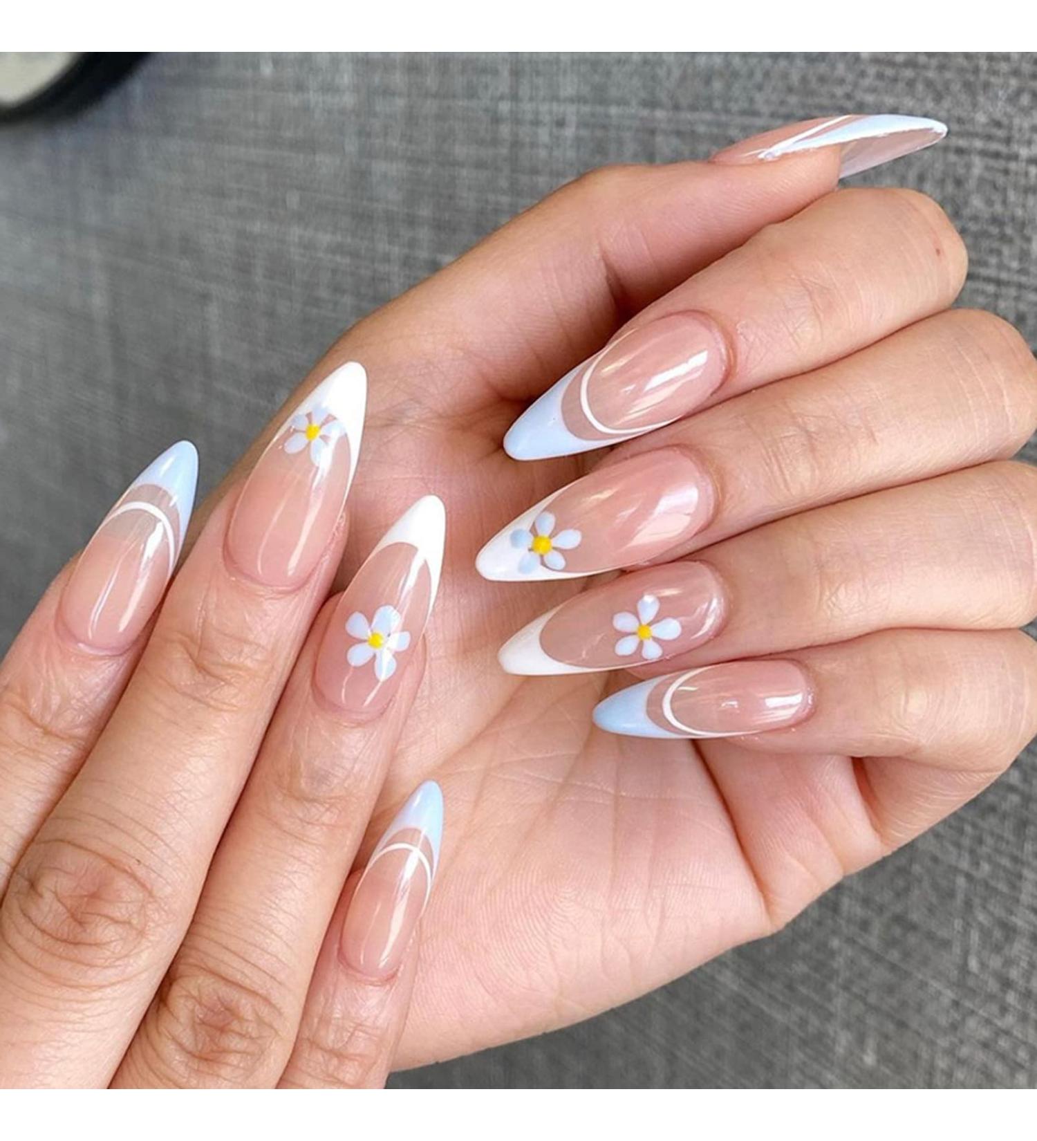 Almond Flower False Nails Short 24Pcs Oval French Fake Nails Light Blue and White Press on Nails - Floral Nude French Nail Tips - Nail Glue Stick - Women Girls Nails Art - Blue 29 Piece Set - Buy Online on GoSupps.com