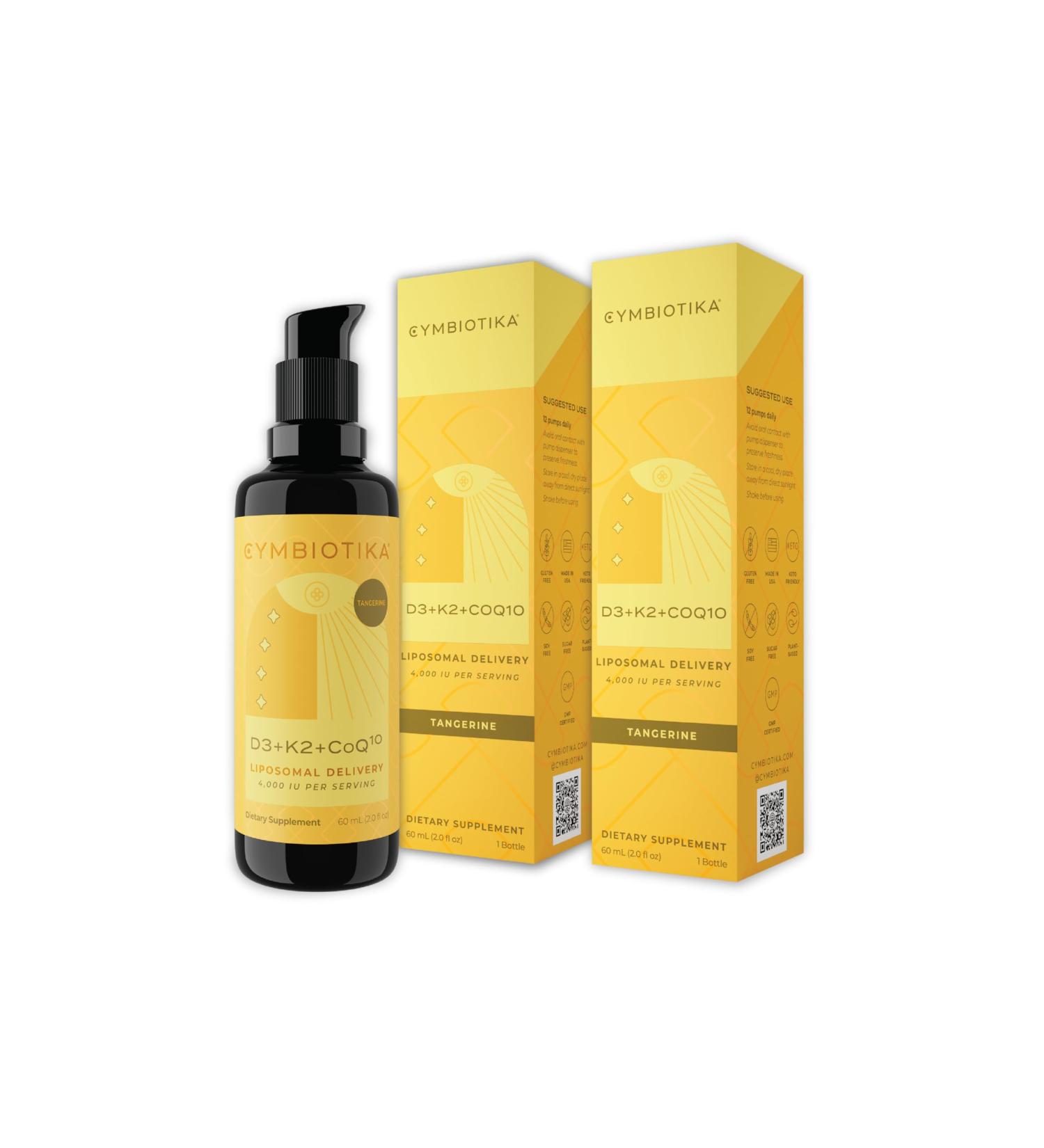 CYMBIOTIKA Vitamin D3 + K2 + CoQ10 Liquid Vitamin D Supplement for Immune Support Heart Health & Bone Health Energy Booster Liposomal Delivery Vegan Tangerine Flavor 2pck (4.0 fl oz.) 2 Fl Oz (Pack of 2) - Buy Online on GoSupps.com