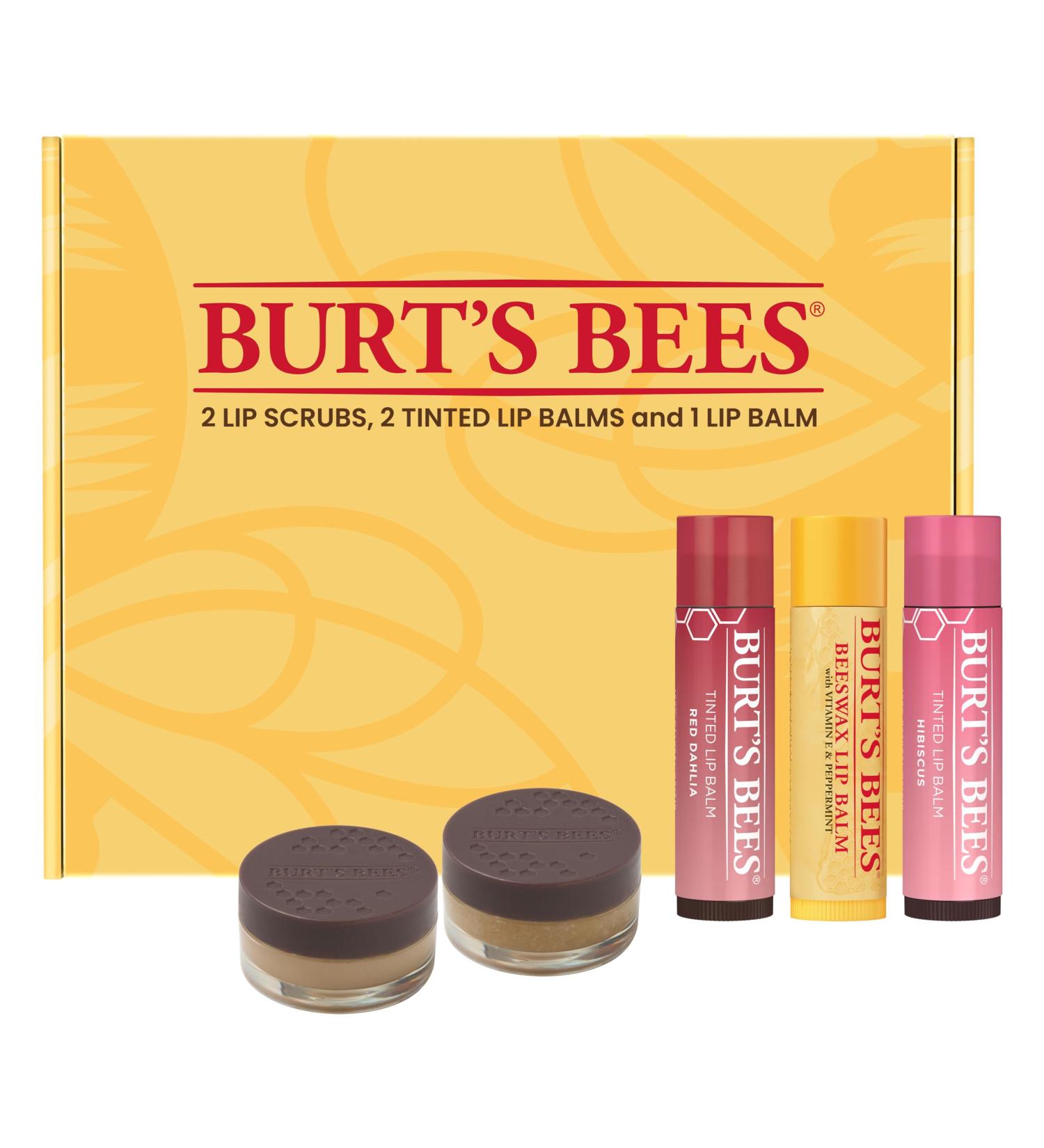 Burt's Bees Lip Care & Color Gifts Kit - Original Beeswax Moisturizing Lip Balm Hibiscus & Red Dahlia Tinted Stain + Balm Duos Conditioning Scrub & Overnight Sleeping Mask Exfoliator - Buy Online on GoSupps.com