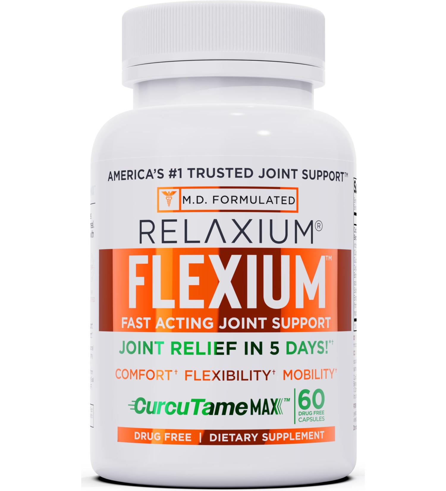 Relaxium Flexium Joint Support Supplement Drug-Free with CurcuTame Blend Turmeric Supplement Formulated to Support Comfort and Mobility 60 Capsules - Buy Online on GoSupps.com