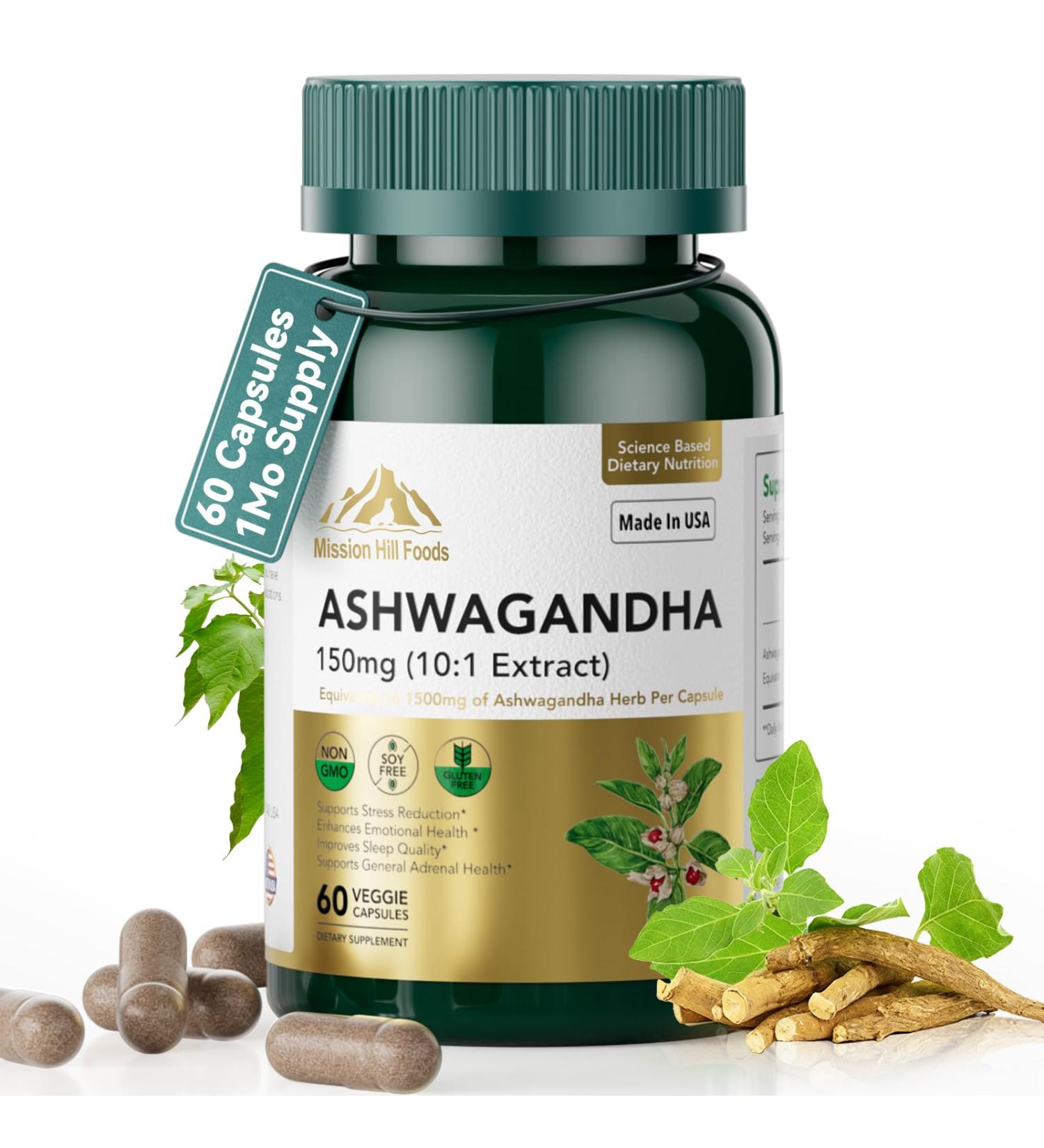 Ashwagandha Supplements with 150 mg of Extract(1500mg Herbs) for Energy Support Occasional Sleeplessness, Organic Ashwagandha Capsules for Men & Women - Gluten Free & Non-GMO, 60 Capsule - 1 Mo Supply 60 Count - 1 Pack - Buy Online on GoSupps.com