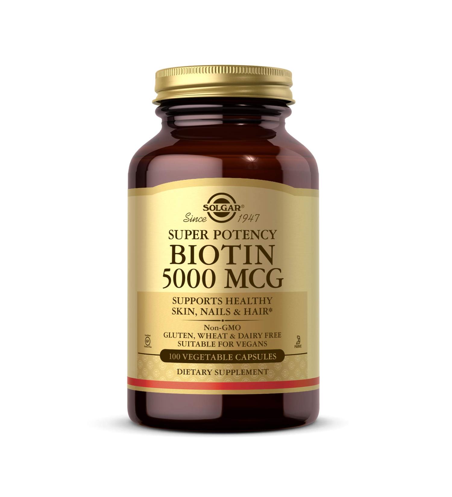 Solgar Biotin 5000 mcg - 100 Vegetable Capsules for Healthy Hair, Skin & Nails - Buy Online on GoSupps.com
