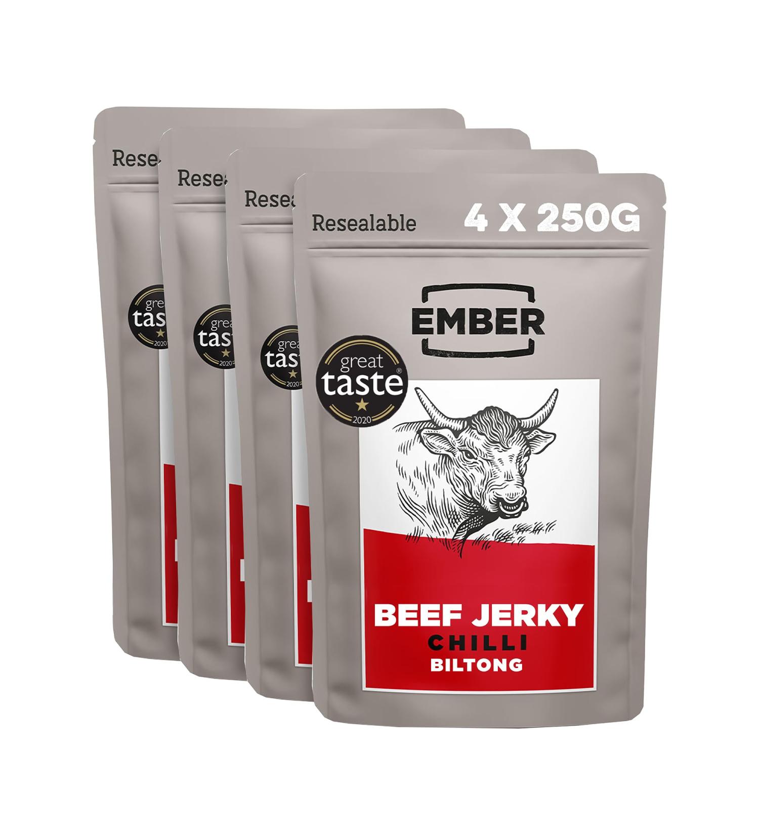 Ember Snacks Biltong Beef Jerky 250g x 4 Pack | Protein-Rich Low-Calorie Low-Fat On-the-Go Snack | Made from British & Irish Beef - Buy Online on GoSupps.com