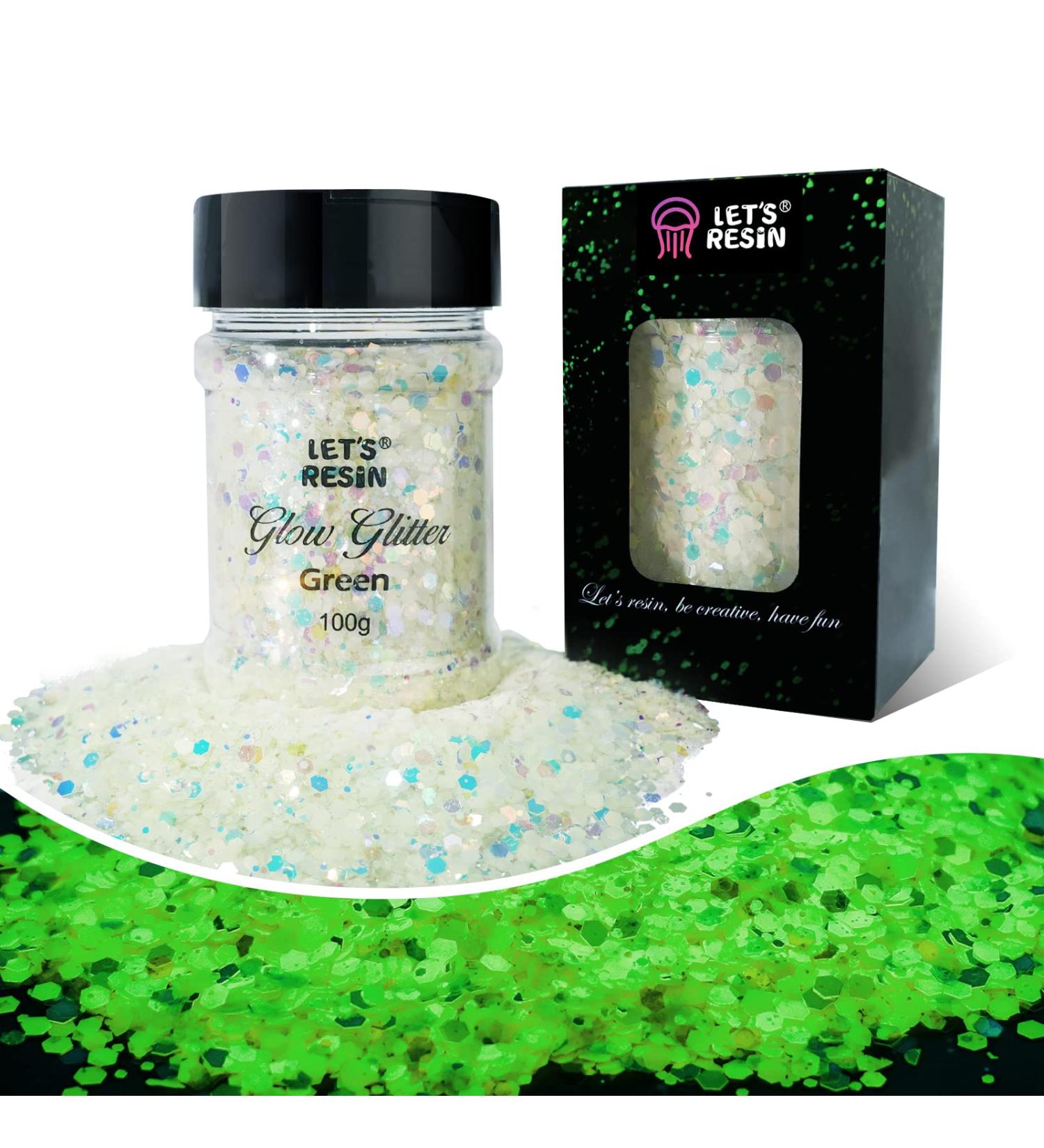 Let's Resin Glow in The Dark Green Glitter 100g - High Luminous for Resin, Makeup, Nail, Skin - Chunky Glitter for Epoxy, UV Resin - DIY Crafts, Slime, Tumblers, Halloween Decor - Buy Online on GoSupps.com