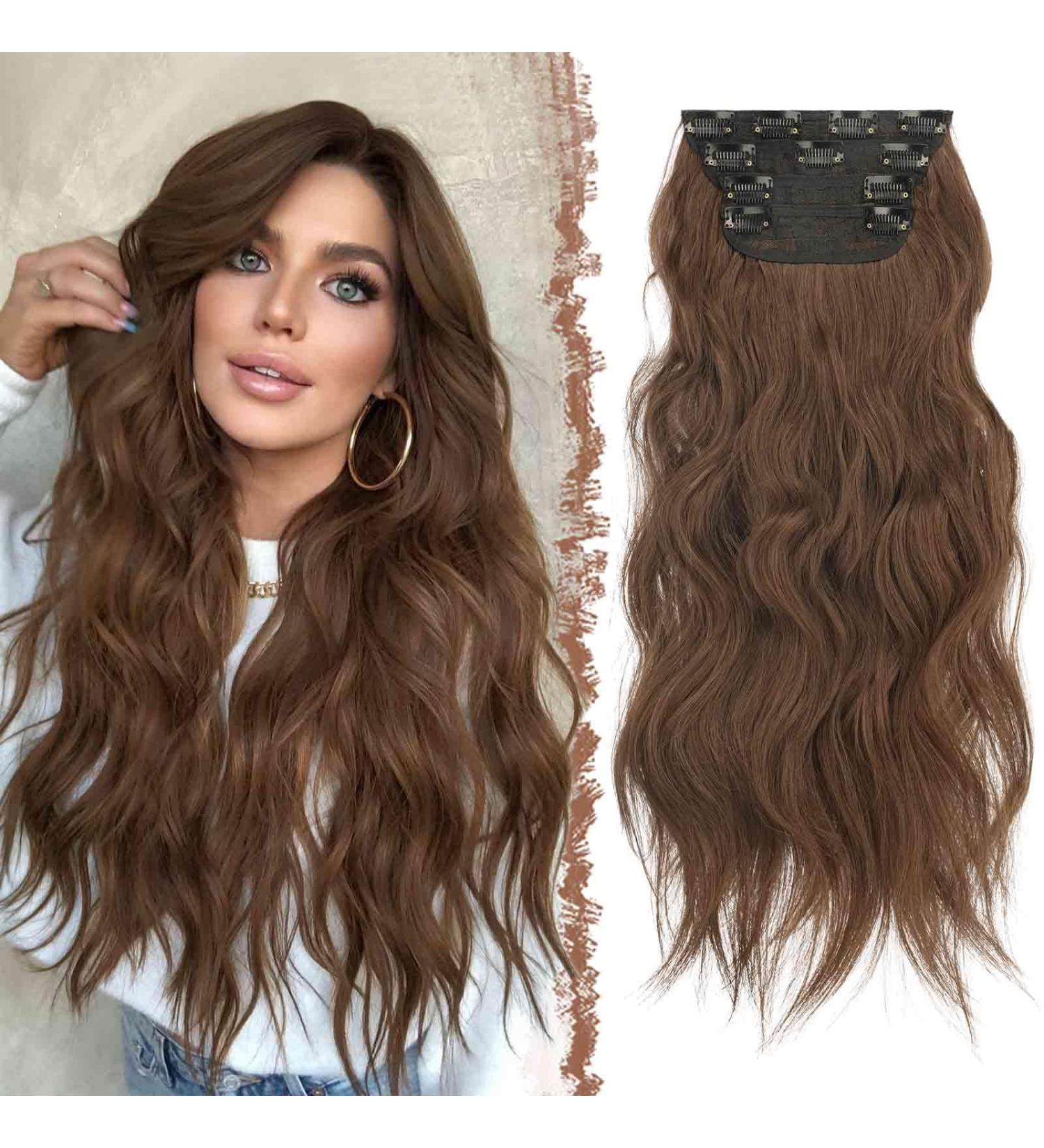 Feshfen Clip In Hair Extensions - 4PC Synthetic Wavy Extensions in Copper Chestnut Brown | 50 cm - Buy Online on GoSupps.com