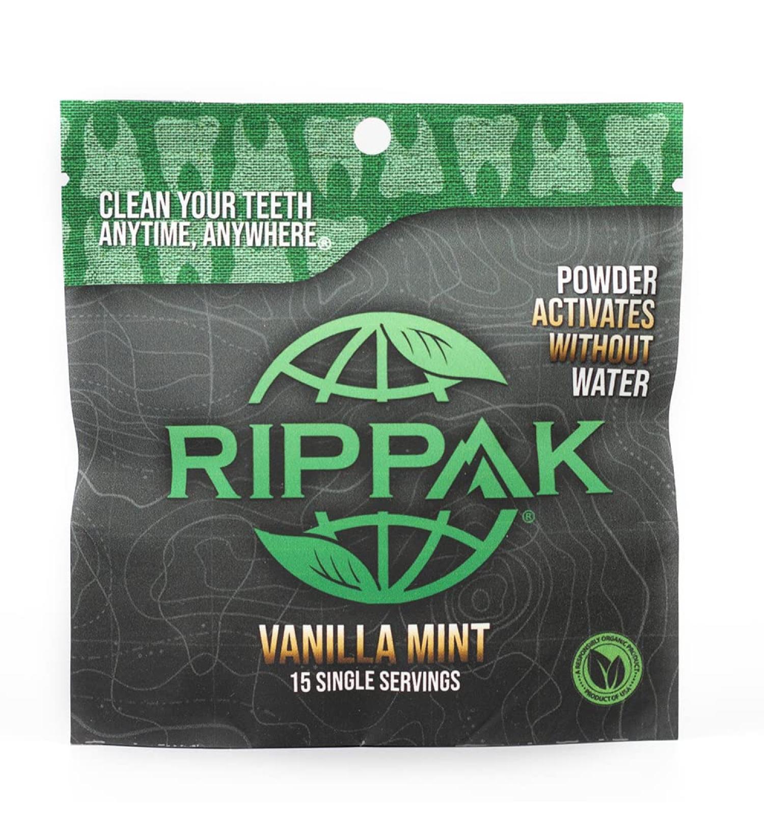 RipPak Vanilla Mint Teeth Cleaning Powder - Organic Single Serving for On-The-Go | Travel-Friendly & Waterless | Made in USA | Ideal for Camping, Work, Military, and Smokers - Buy Online on GoSupps.com