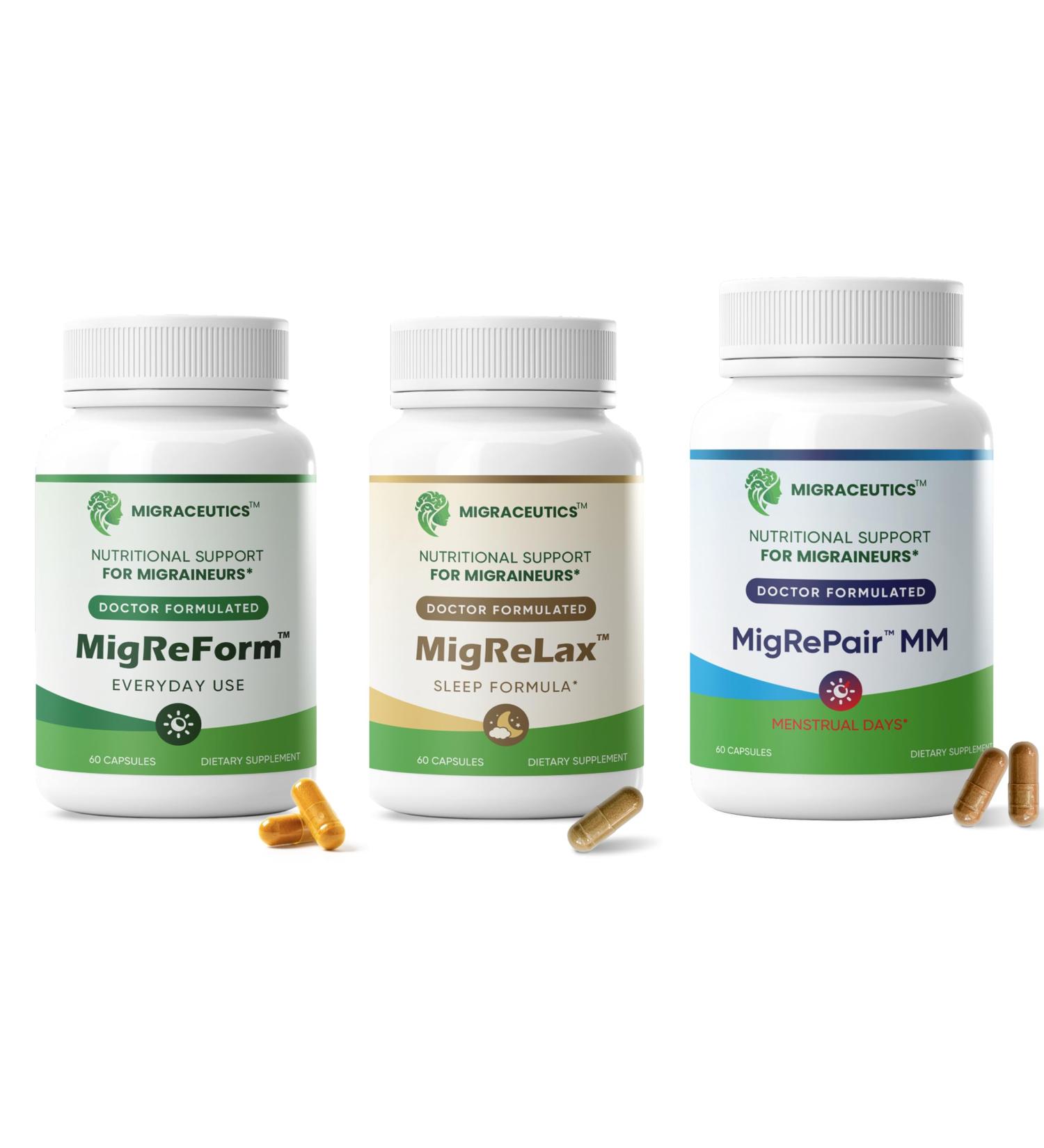 MigReForm MigReLax & MigRePair MM 3-Bottle Bundle (180 Capsules) | Doctor Formulated Migraine Relief for Women | Hormonal & Menstrual Migraine Support | Relaxation Sleep & Daily Migraine Help - Buy Online on GoSupps.com