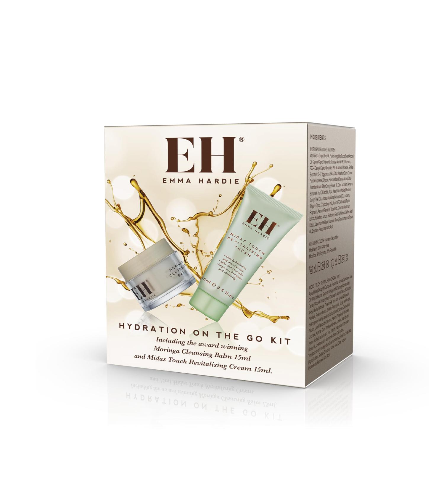 Emma Hardie Hydration On The Go Kit Gift Set Includes: 15ml Moringa Cleansing Balm & 15ml Midas Touch Revitalising Cream with Hyaluronic Acid Improves Firmness & Elasticity Natural & Cruelty Free