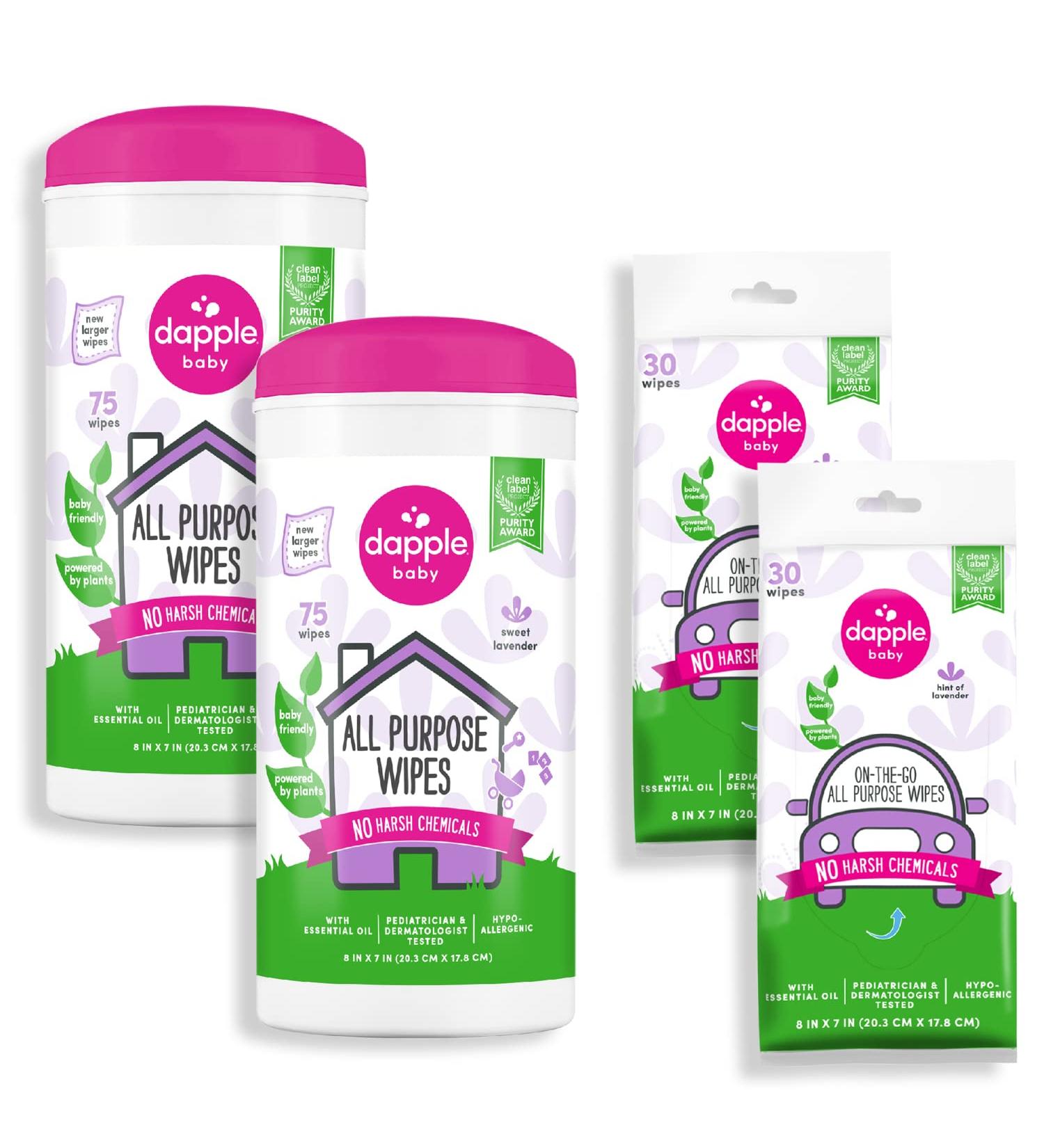 Dapple Baby All Purpose Wipes | Hint of Lavender | 210 Count - Plant Based & Hypoallergenic | Pack of 2 Canisters + Pack of 2 Pouches - Buy Online on GoSupps.com