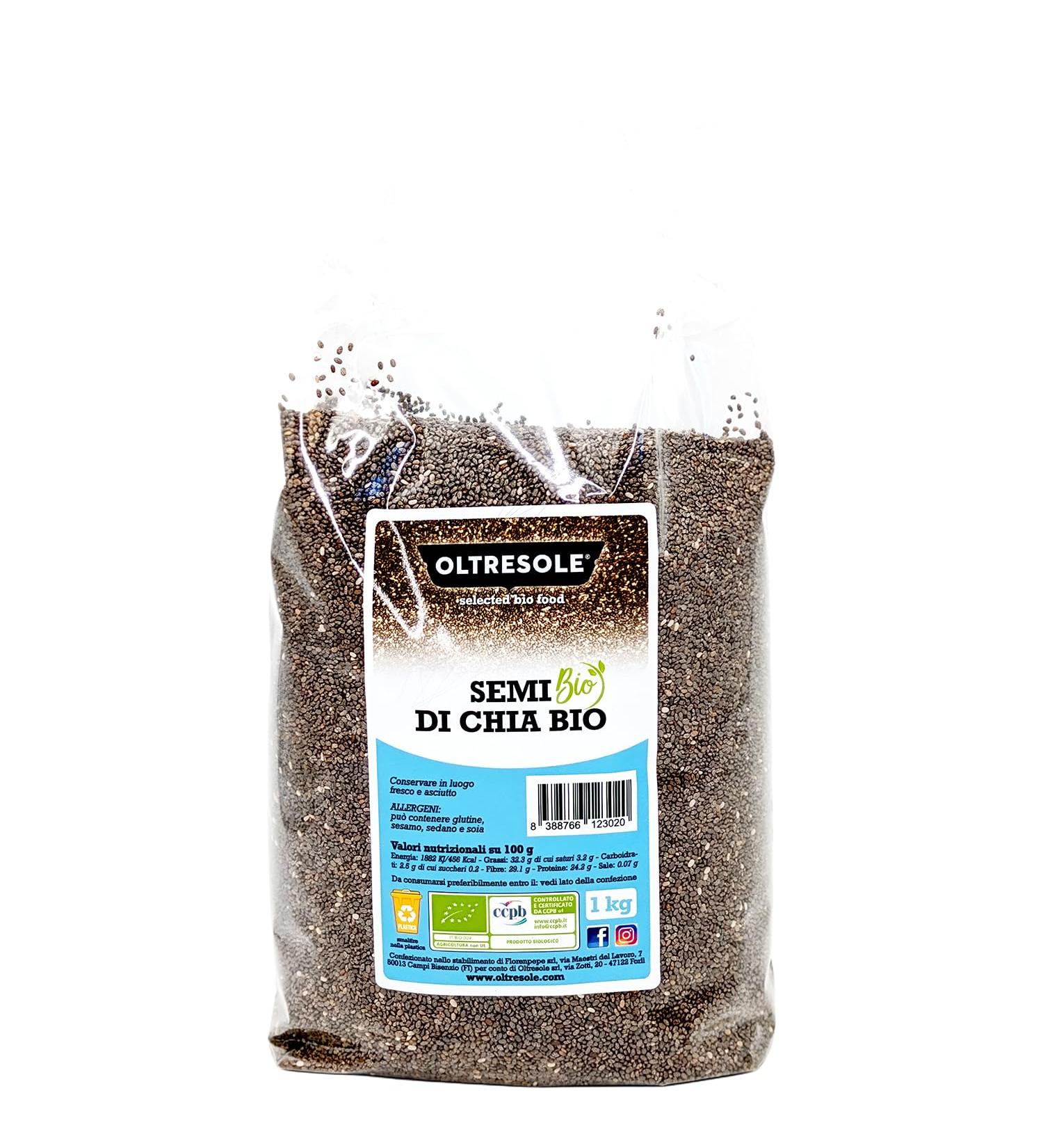 Oltresole Organic Chia Seeds 1 kg Super-food rich in protein and fiber no additives ideal for muesli salads and pastries Ideal Family Pack - Buy Online on GoSupps.com