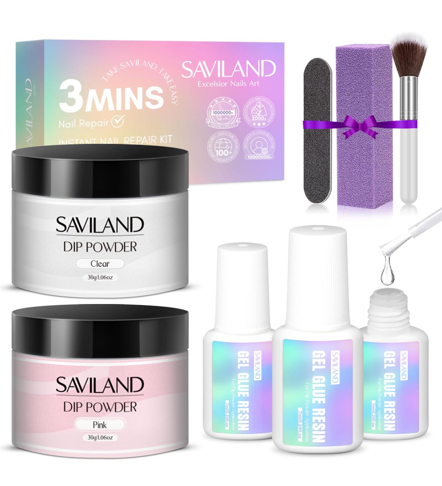 Saviland 60g Nail Repair Kit Quick & Easy Instant Fix for Broken Nails | Natural Clear & Pink Dip Powder 21ml Glue | Home & Salon Use - Buy Online on GoSupps.com