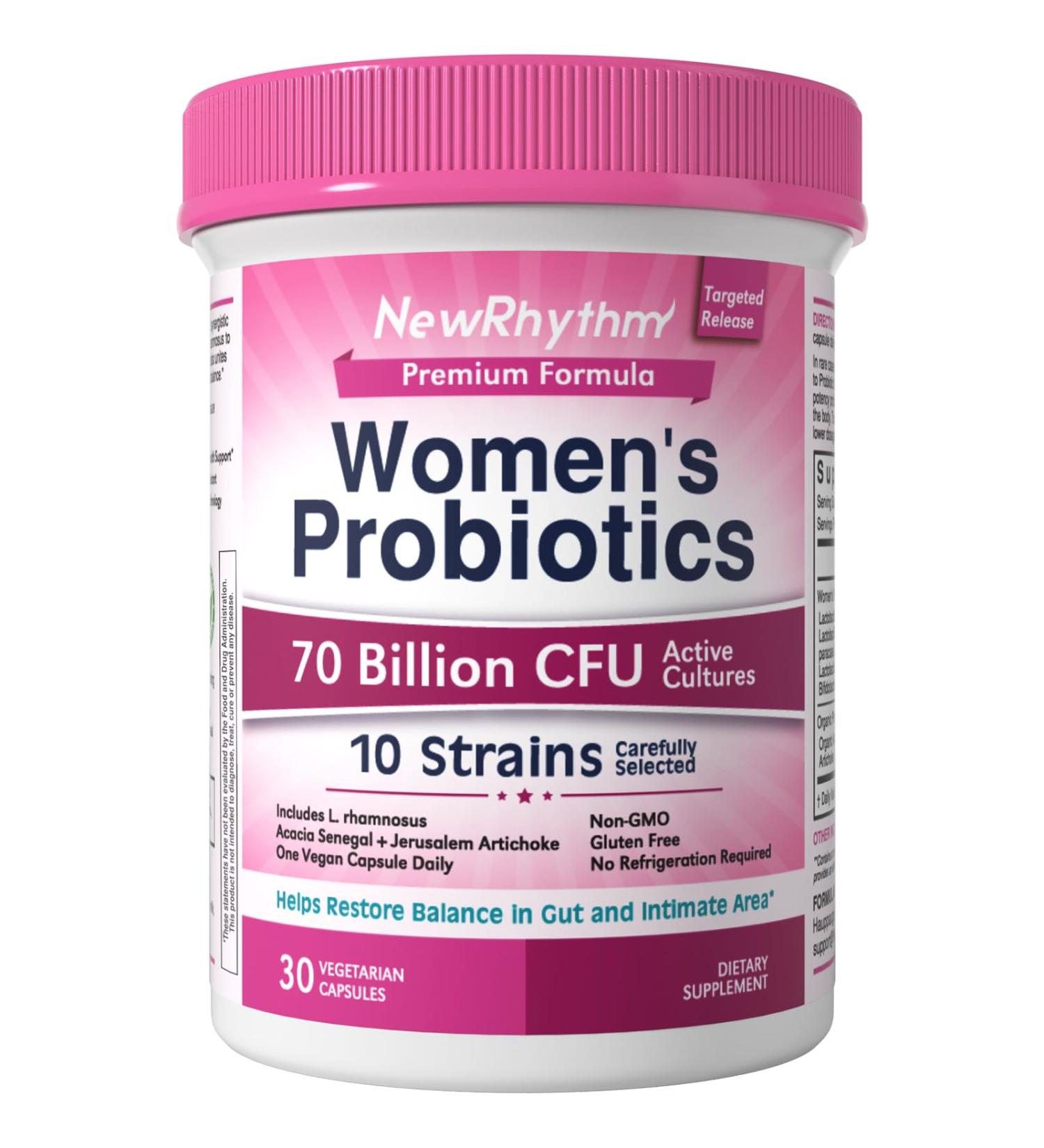 NewRhythm Women's Probiotics Organic Prebiotics 70 Billion CFU 10 Strains Vaginal Probiotics for Urinary & Digestive Health 30 Vegan Capsules No Bloating - Buy Online on GoSupps.com