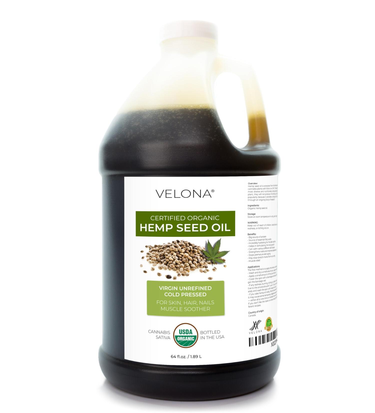 Velona Hemp Seed Oil - USDA Certified Organic 64 fl oz | 100% Pure Unrefined Cold Pressed Carrier Oil - Buy Online on GoSupps.com