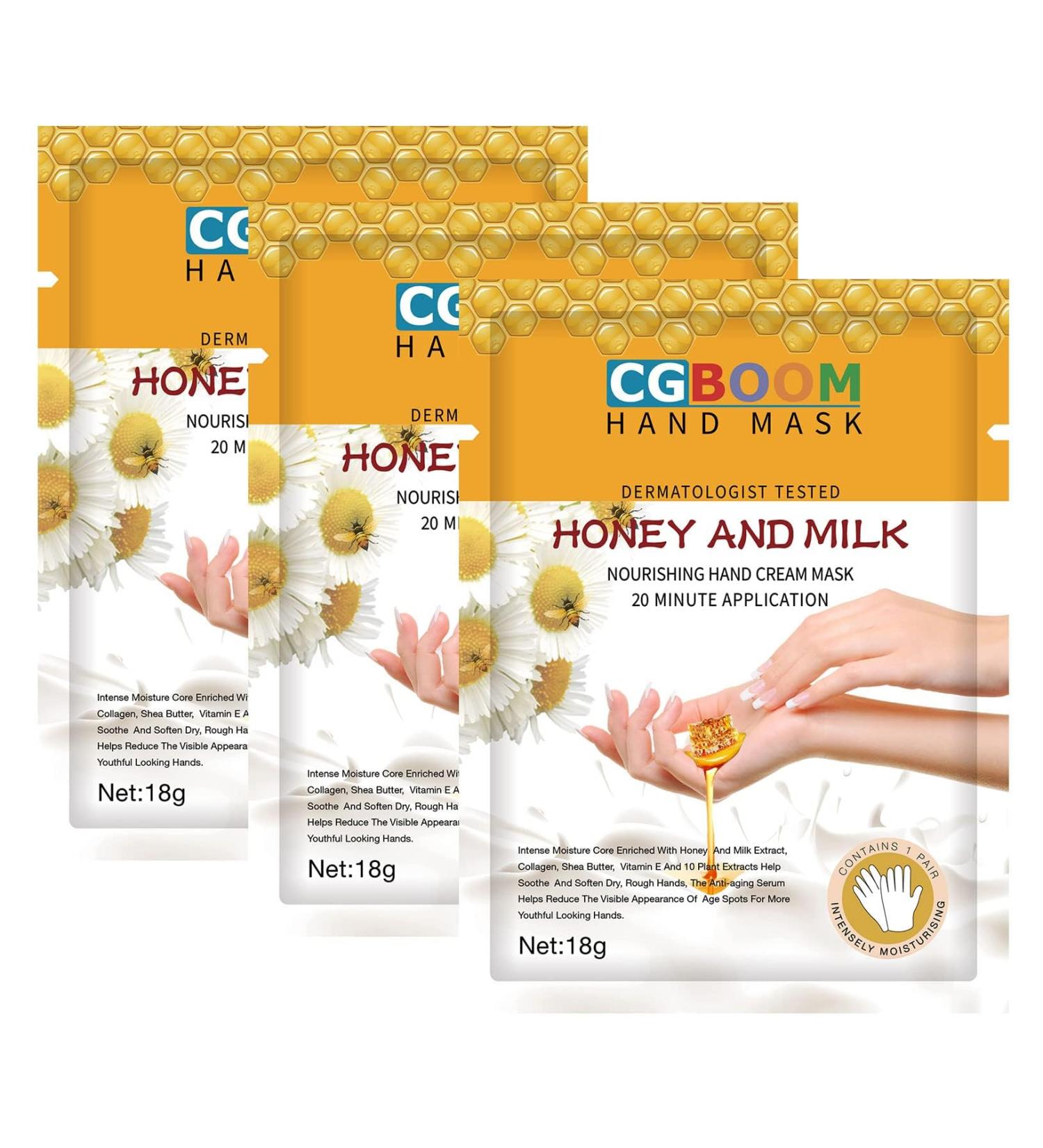 CGBOOM Moisturizing Hand Masks - 3 Pairs Collagen & Vitamin Infused Gloves for Dry Aging Cracked Hands | Honey & Milk Extracts - Buy Online on GoSupps.com
