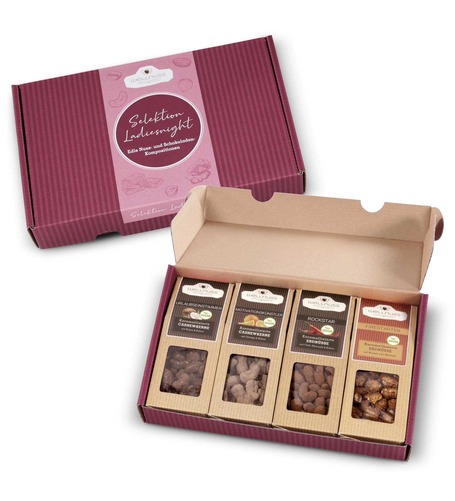 Wellnut Ladiesnight Gift Set for Women | Premium Vegan Caramelized Nut Snacks | Perfect Gift Idea for Girlfriend & Mother | 4 Snacks in a Box - Buy Online on GoSupps.com