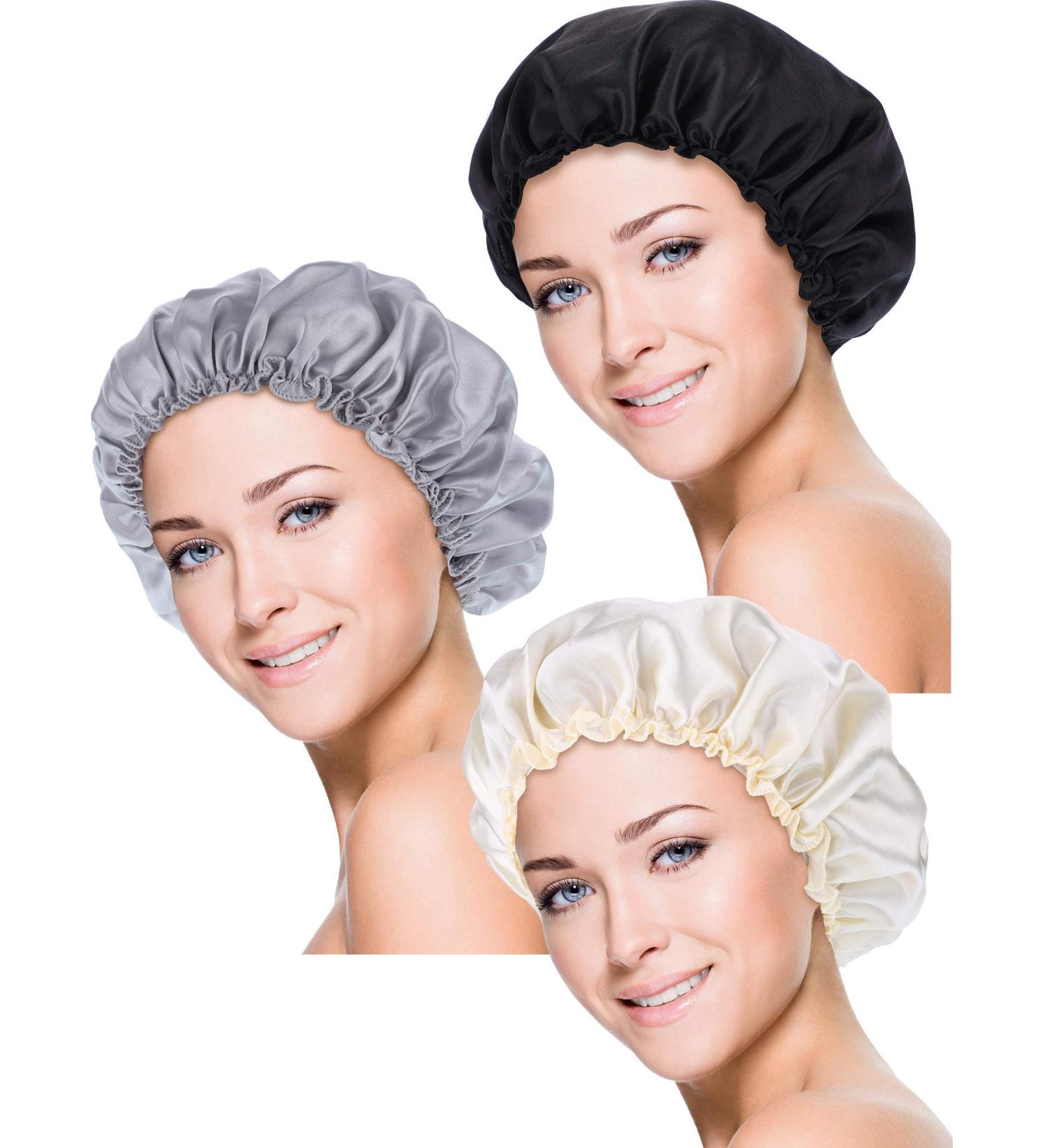 Blulu Satin Sleep Caps for Women & Girls - 3 Pack Night Headgear Turbans in Black Beige & Silver | Soft & Comfortable Hairstyle Protection - Buy Online on GoSupps.com