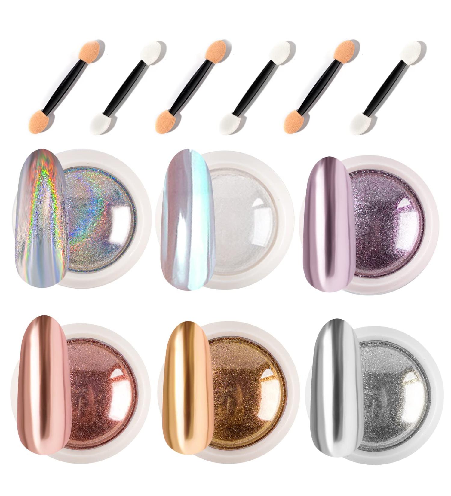Pockcat 6 Colors Chrome Nail Powder Set for Glittery Metal Mirror Effect - 3D Holographic Ice Aurora Dust Nail Art Kit with Sponge Sticks - Buy Online on GoSupps.com