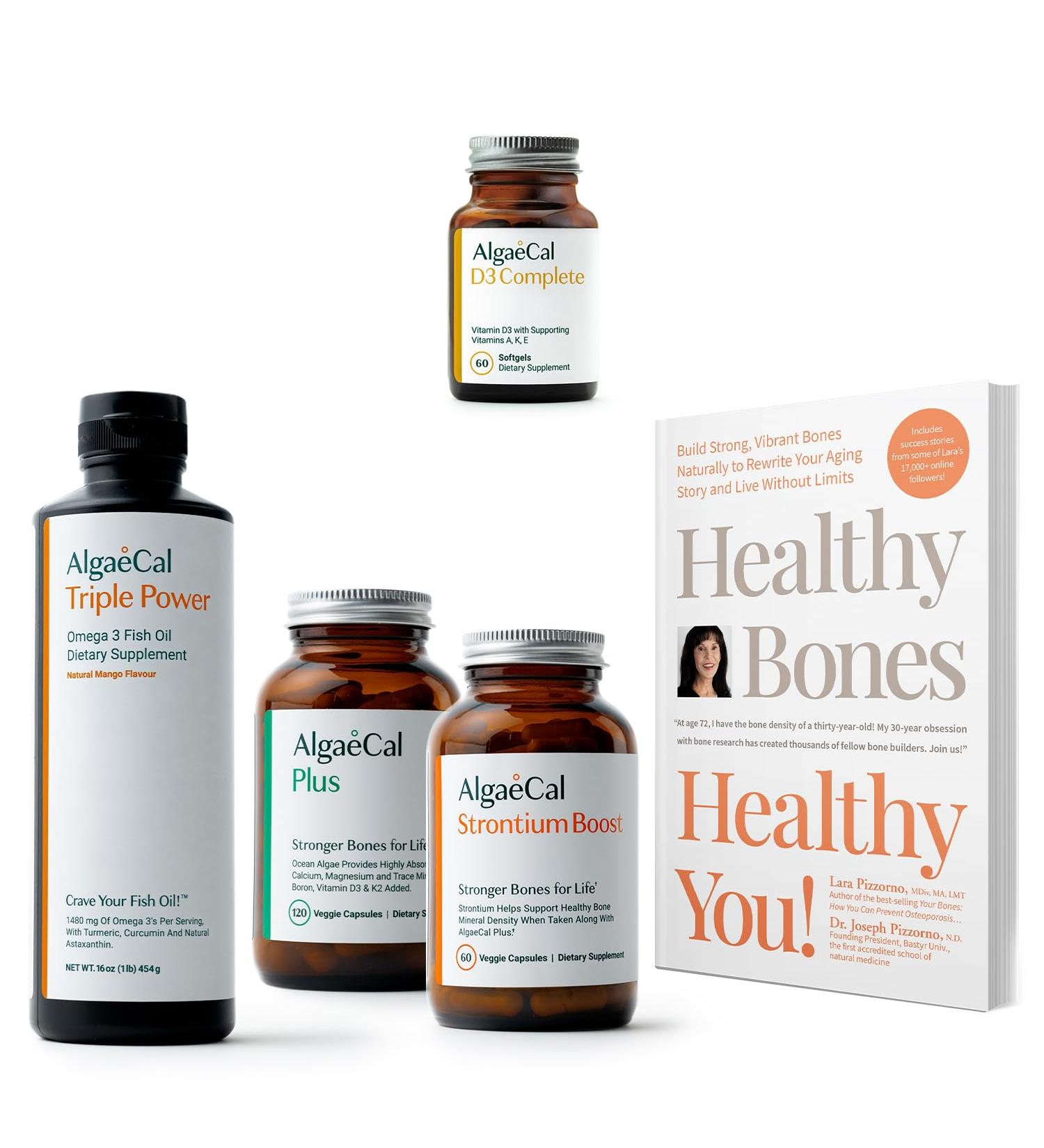 ALGAECAL Powerhouse Bundle - D3 Complete (1000 IU) + K2 Vitamin E Vitamin A & Bone Builder Pack for Increased Bone Density & Omega 3 Fish Oil 1200mg EPA DHA & Osteoporosis Book - Buy Online on GoSupps.com