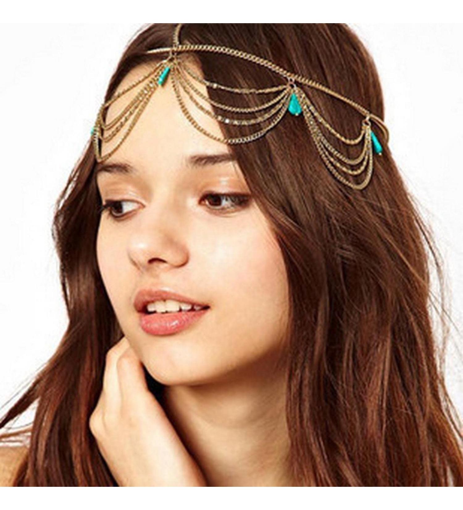 Aneneicera Boho Layered Turquoise Head Chain | Gold Teardrop Hair Accessories for Women & Girls - Perfect for Festivals Proms & Weddings - Buy Online on GoSupps.com