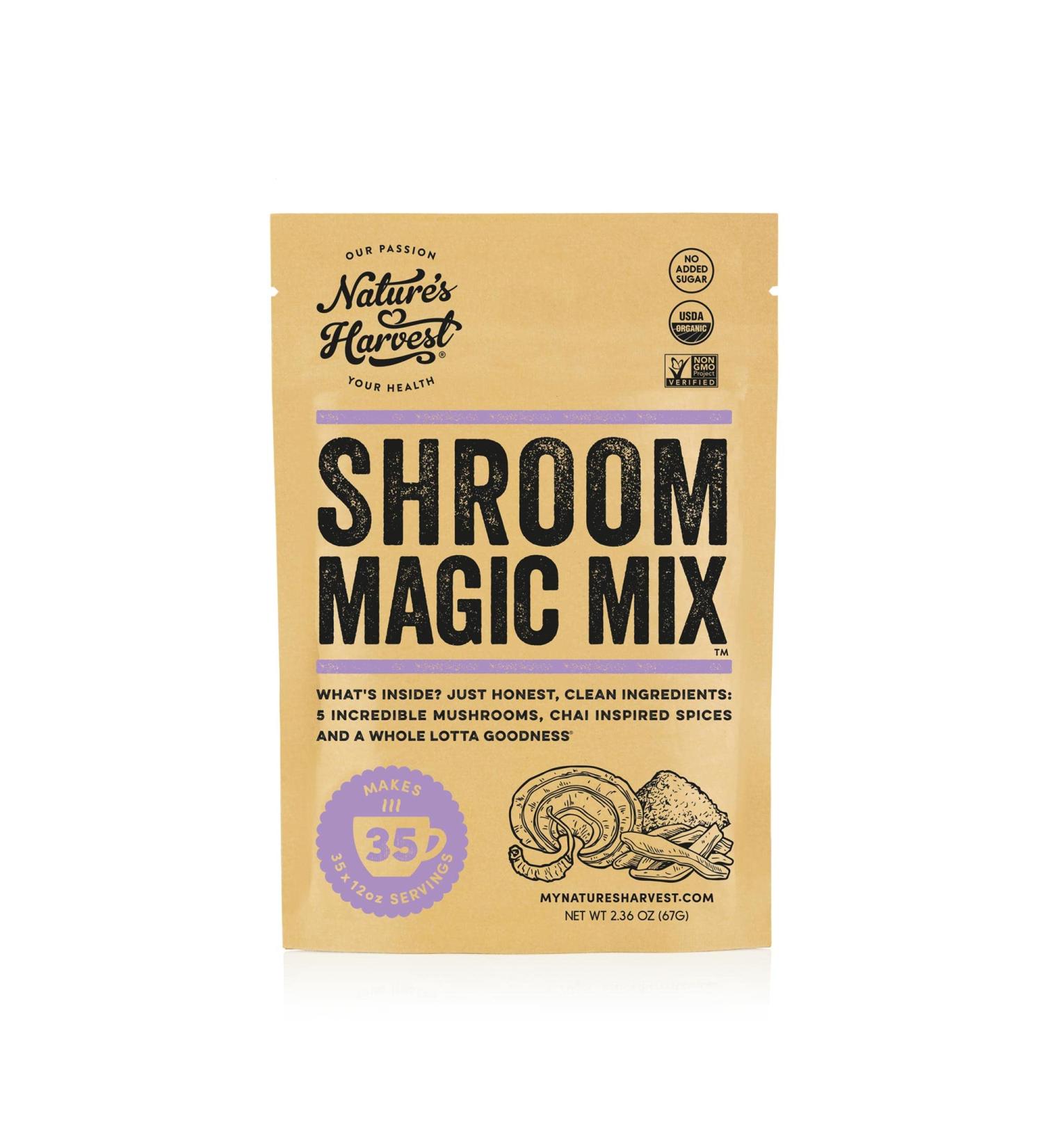 Nature's Harvest Mushroom Powder Turmeric Latte Mix - 35 Servings - Shroom Magic 5 Mushroom Blend with Reishi, Chaga, Cordyceps, Lion's Mane & Turkey Tail - 2.36oz Pack - Hot & Cold Drink Mix - Buy Online on GoSupps.com